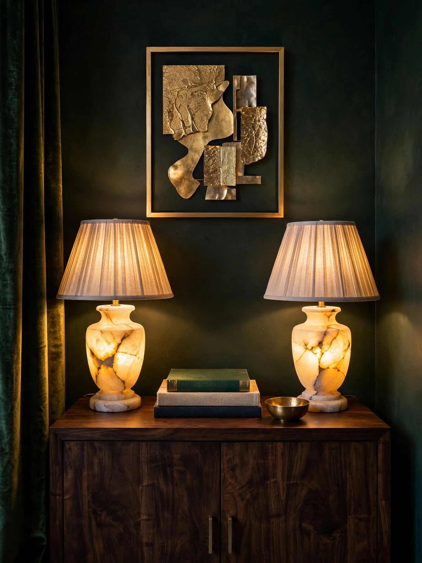 Pair of glowing alabaster table lamps on a dark walnut console in a moody luxury living room decor ideas corner