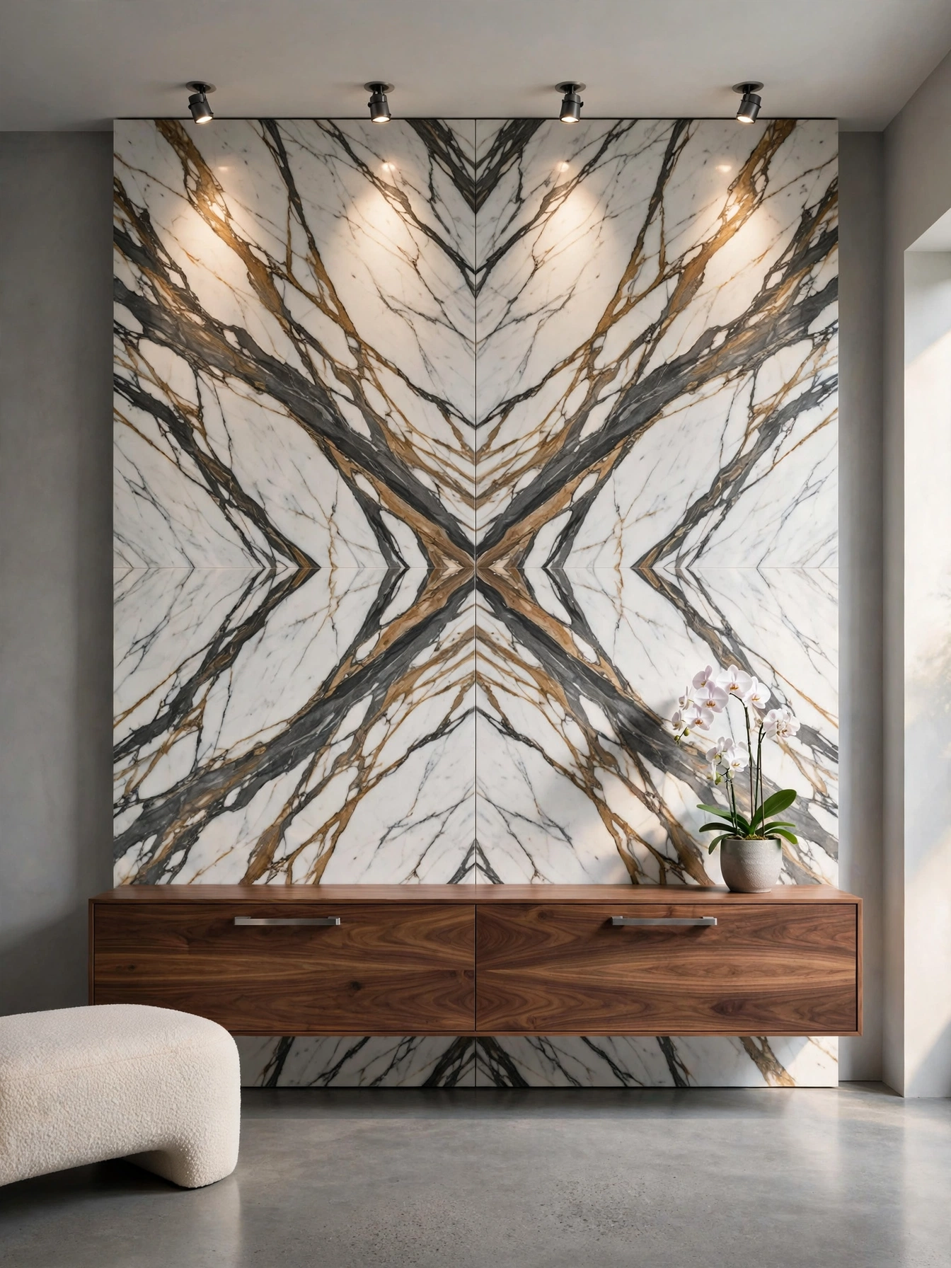 Bookmatched Calacatta marble wall with mirrored veining behind a walnut credenza in this luxury living room decor ideas space