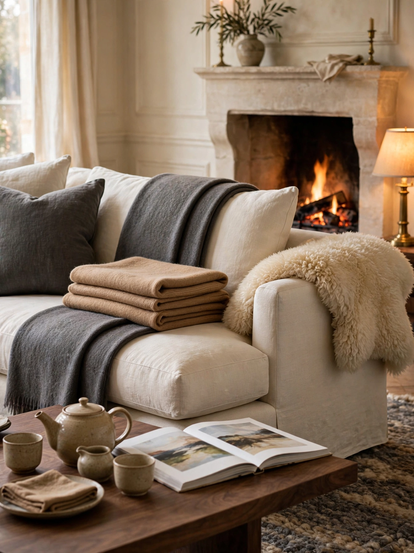 Cream sofa layered with cashmere throws in charcoal and camel for a soft luxury living room decor ideas look
