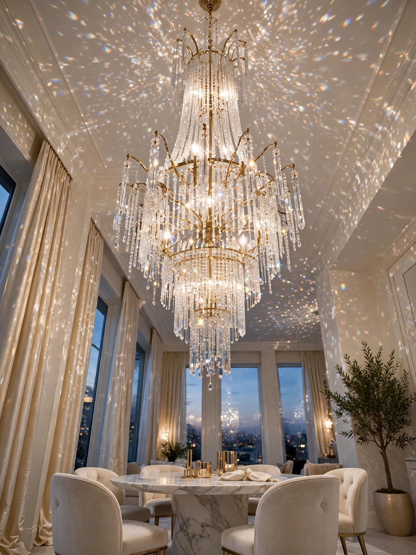 Modern cascading crystal chandelier over a round marble table in a statement luxury living room decor ideas moment