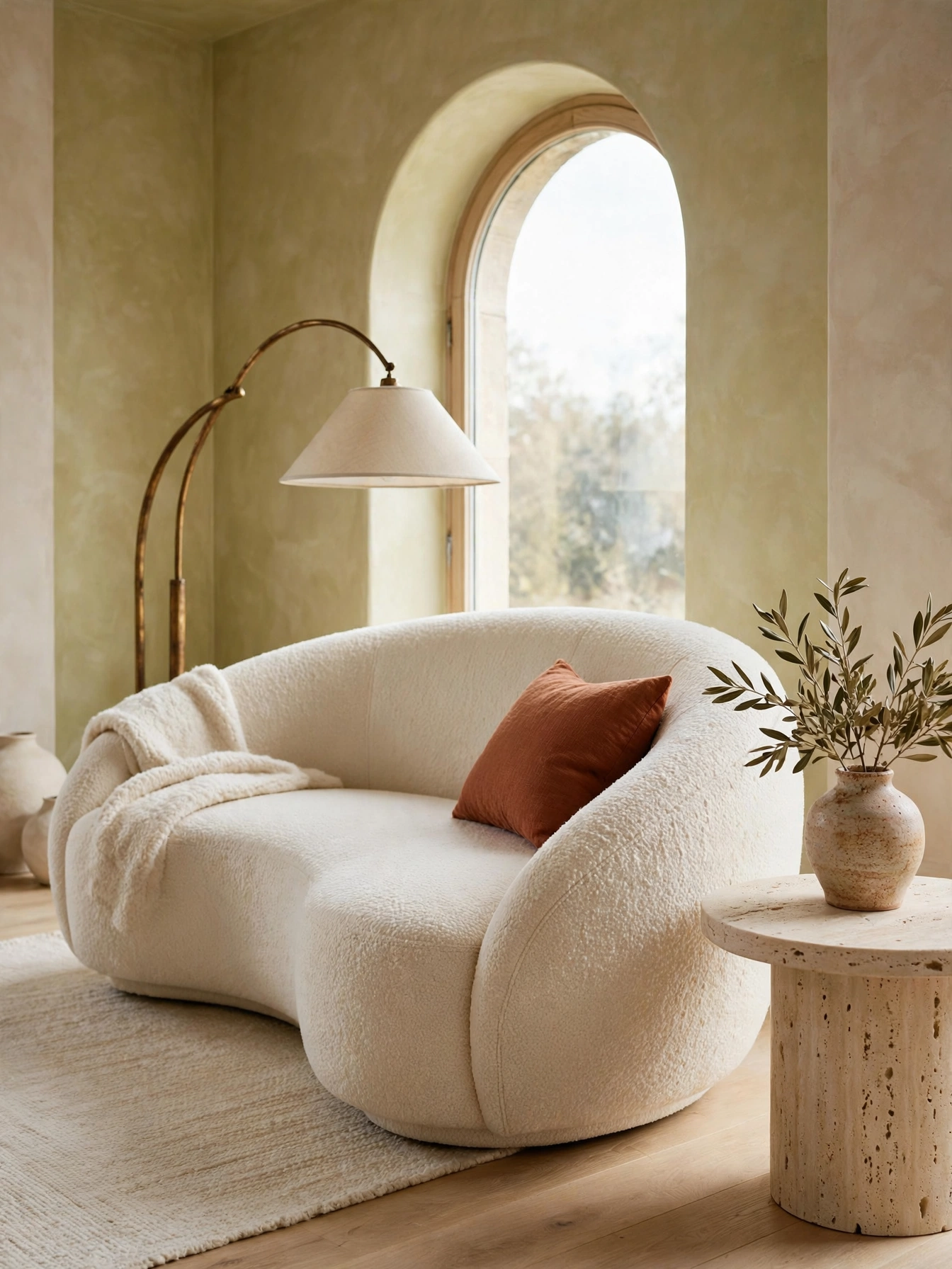 Curved ivory boucle loveseat with a travertine side table in a sculptural luxury living room decor ideas vignette