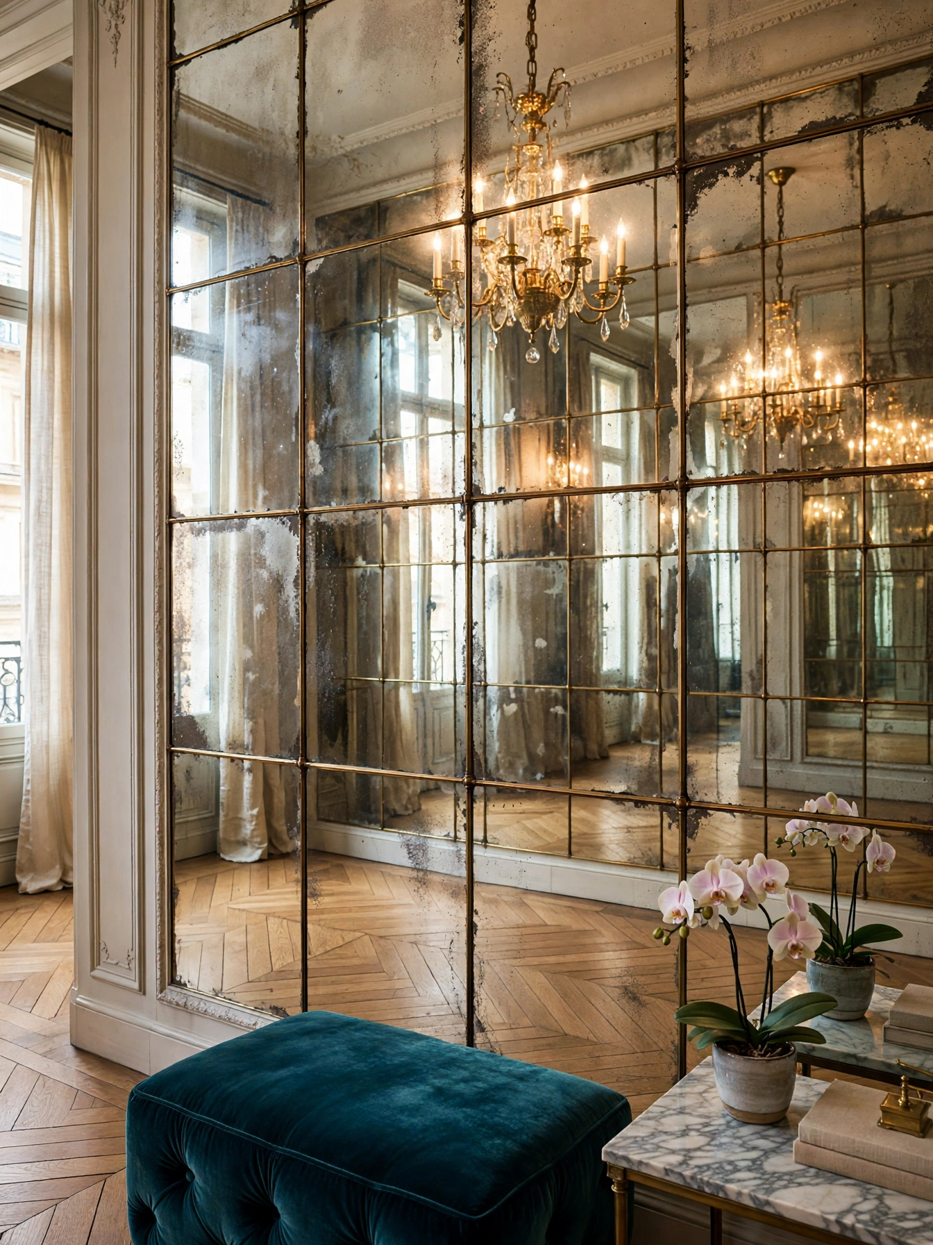 Antiqued mirror panel wall with brass mullions reflecting warm light in a luxury living room decor ideas room