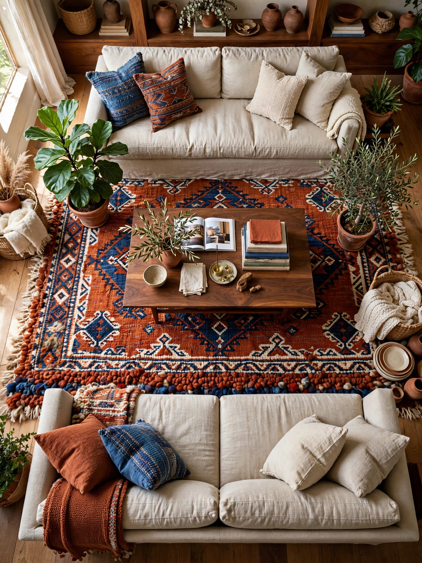 Hand-knotted wool rug in rust and indigo under a walnut coffee table in this luxury living room decor ideas room