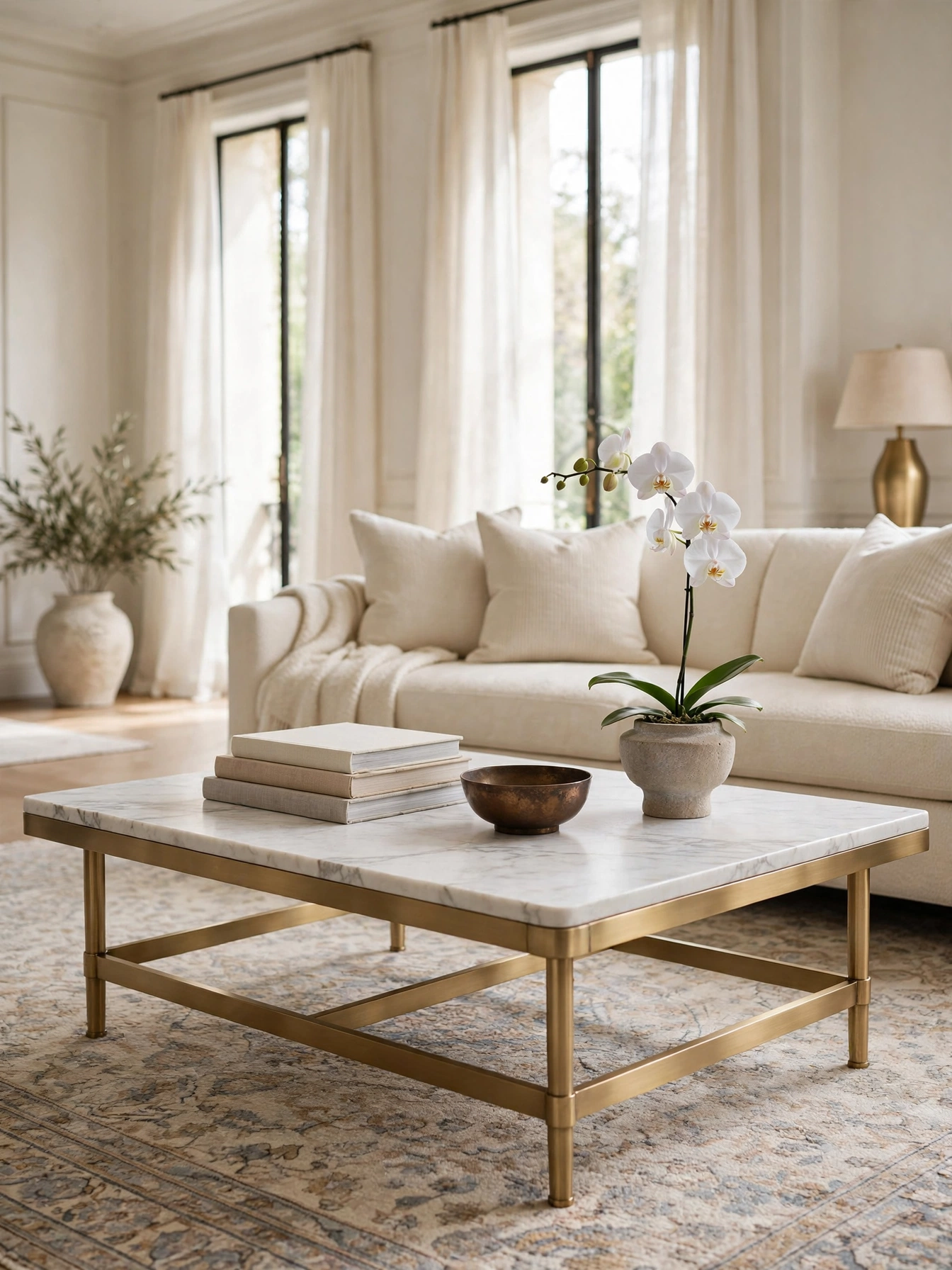 Honed Carrara marble coffee table with a brass base styled in this luxury living room decor ideas vignette