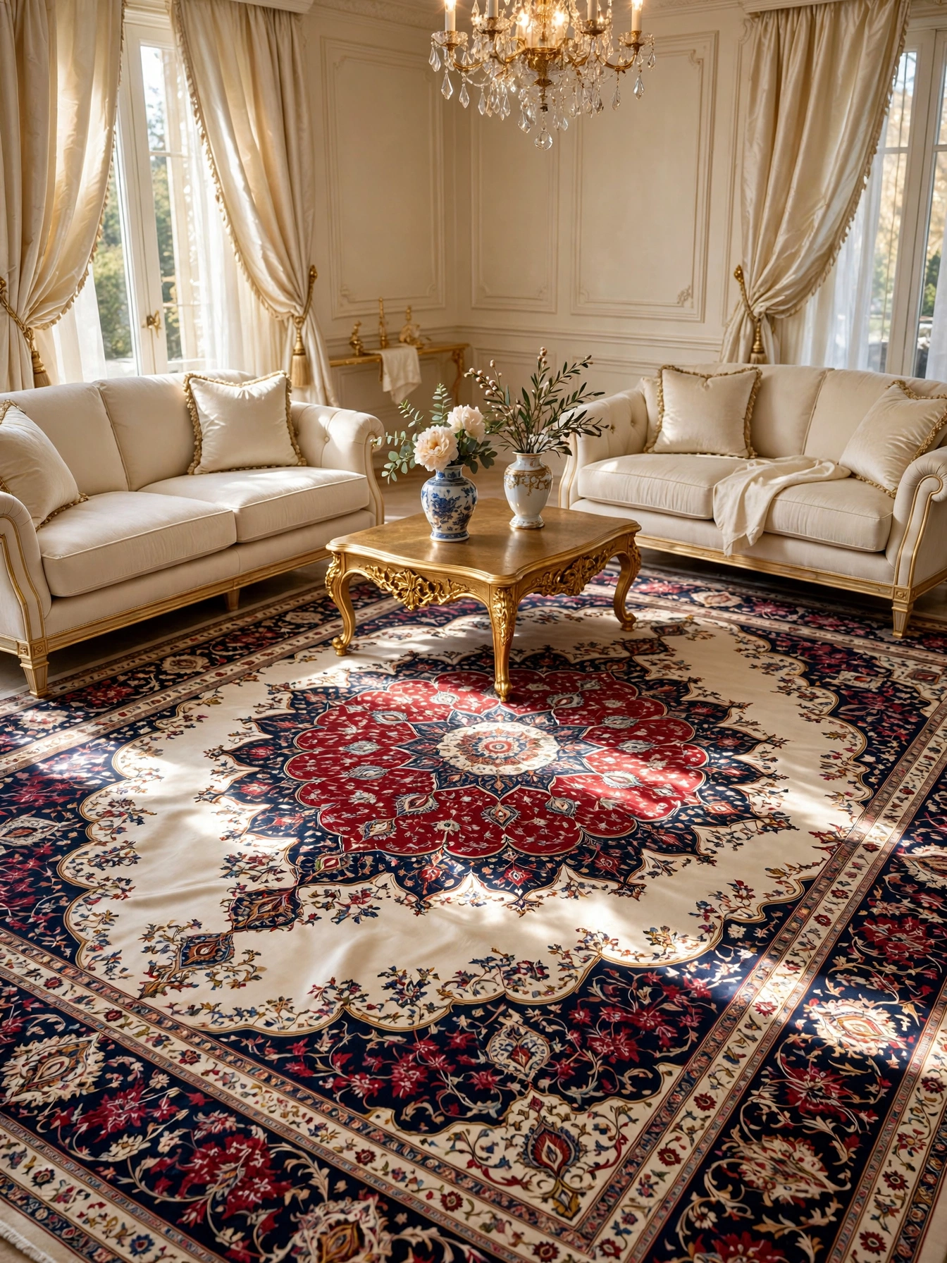 Hand-knotted Persian silk rug with a medallion pattern anchoring a luxury living room decor ideas seating area