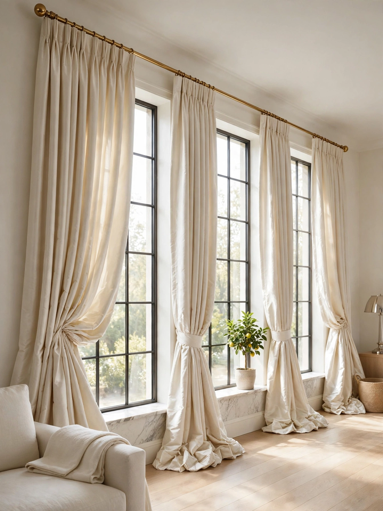 Ivory silk floor-to-ceiling drapes framing tall windows in an elegant luxury living room decor ideas space