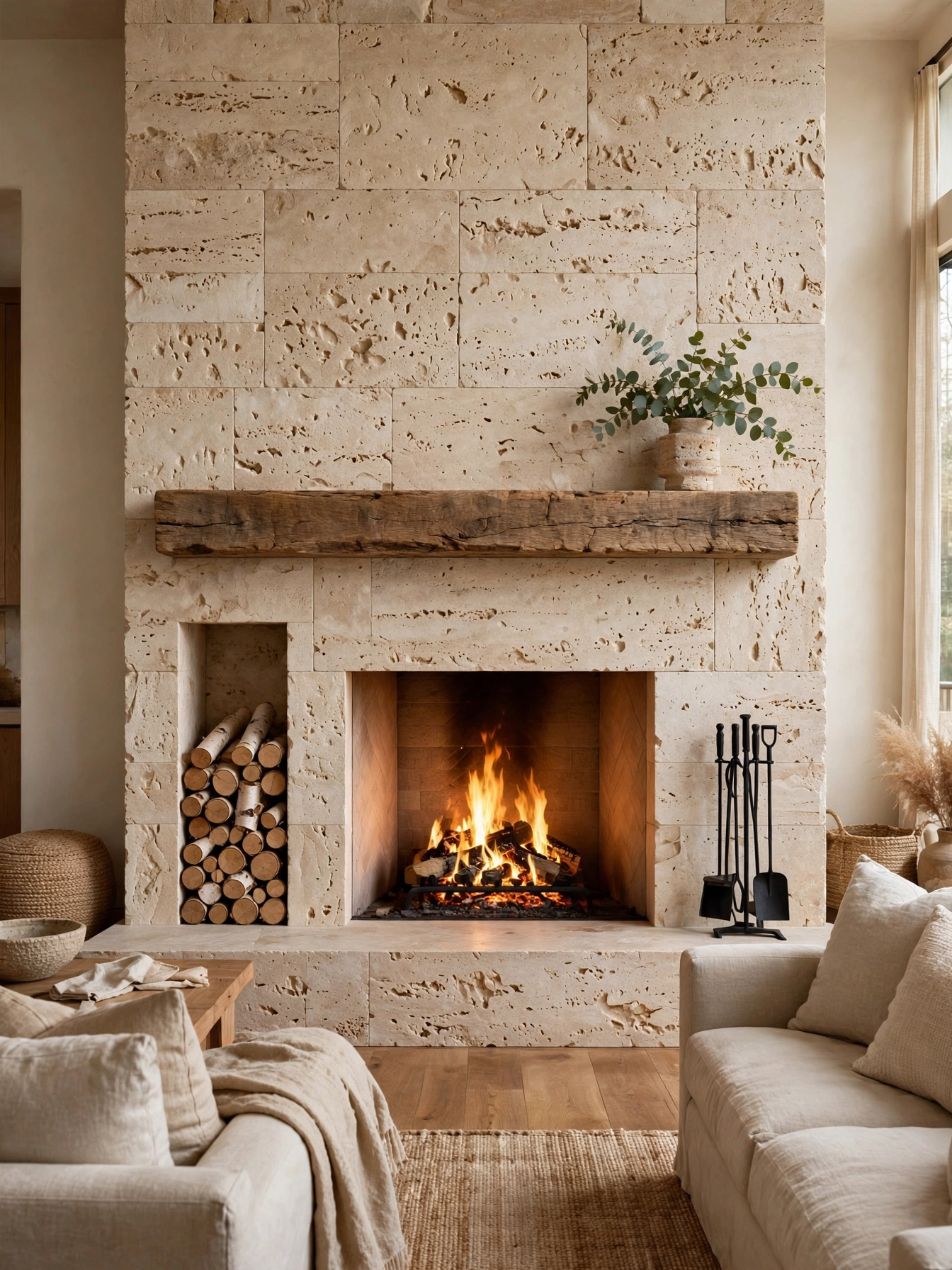 Floor-to-ceiling honed travertine fireplace surround with an oak beam in this luxury living room decor ideas home