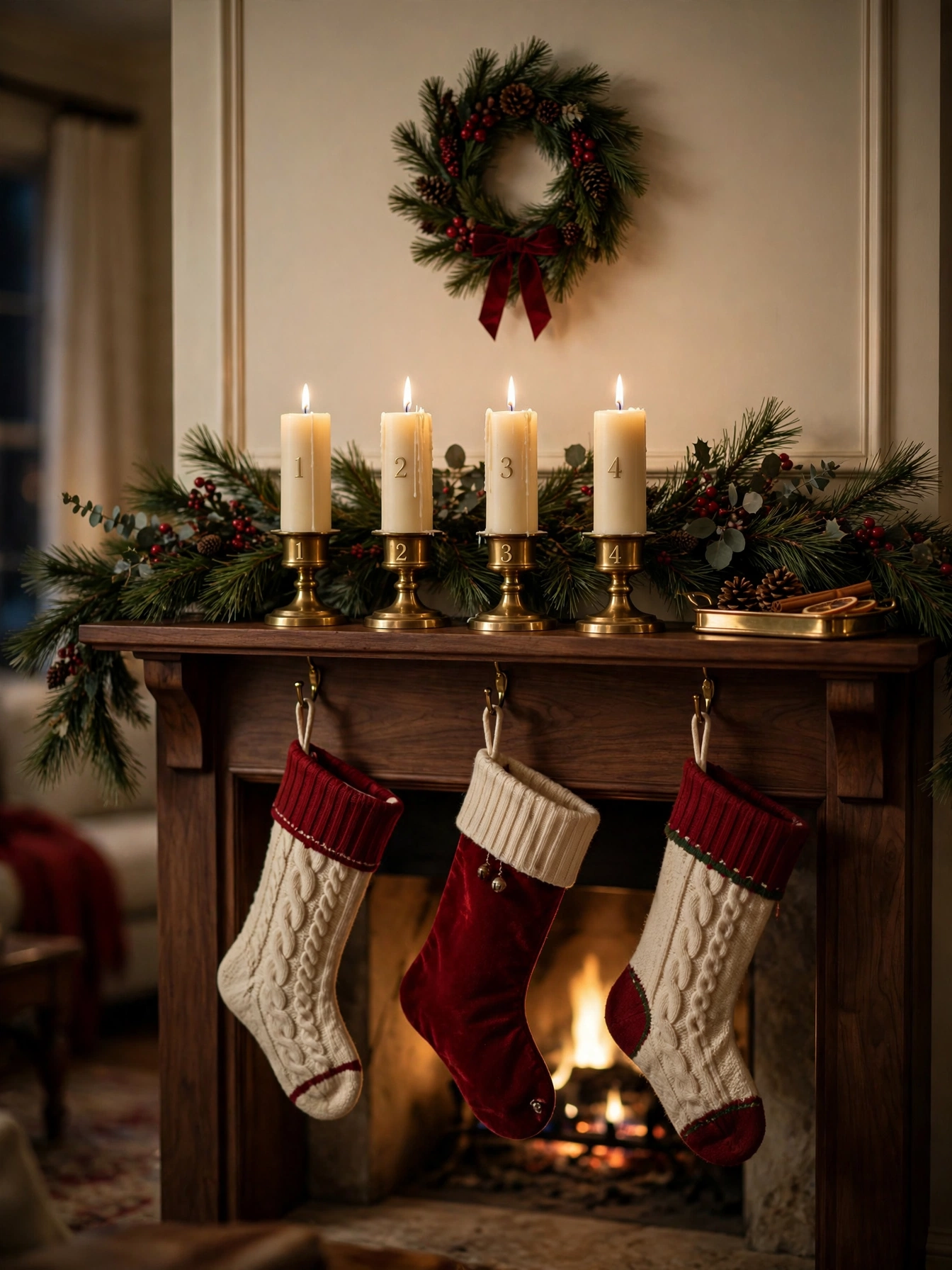 Mantel holding four advent candles in brass holders with a pine garland behind and a small wreath, a warm countdown display from mantel christmas decor ideas 2026