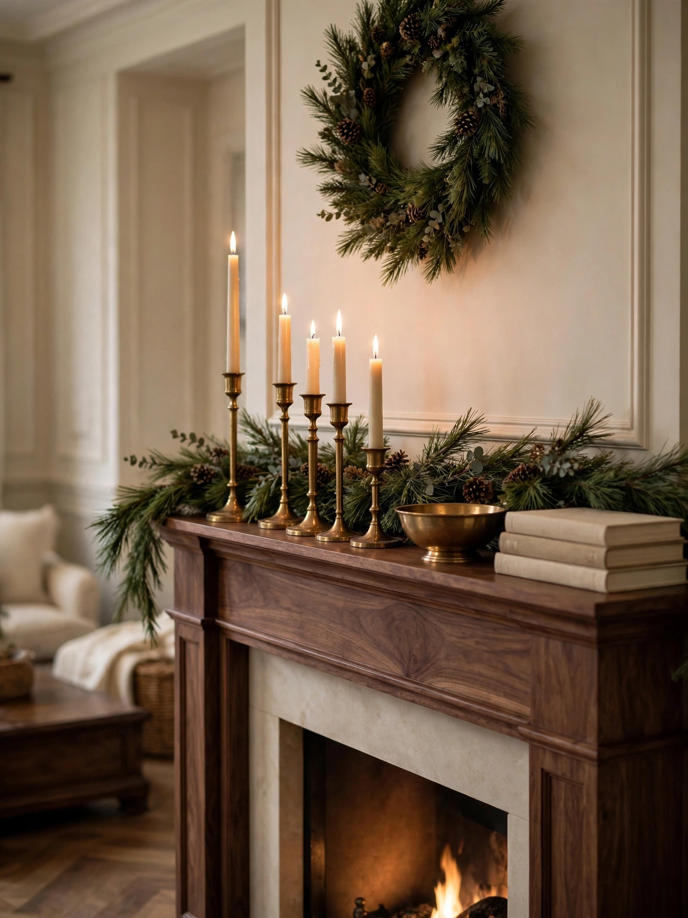 Brass taper candle holders of varied heights on a walnut mantel with a pine garland behind, a formal elegant display from mantel christmas decor ideas 2026