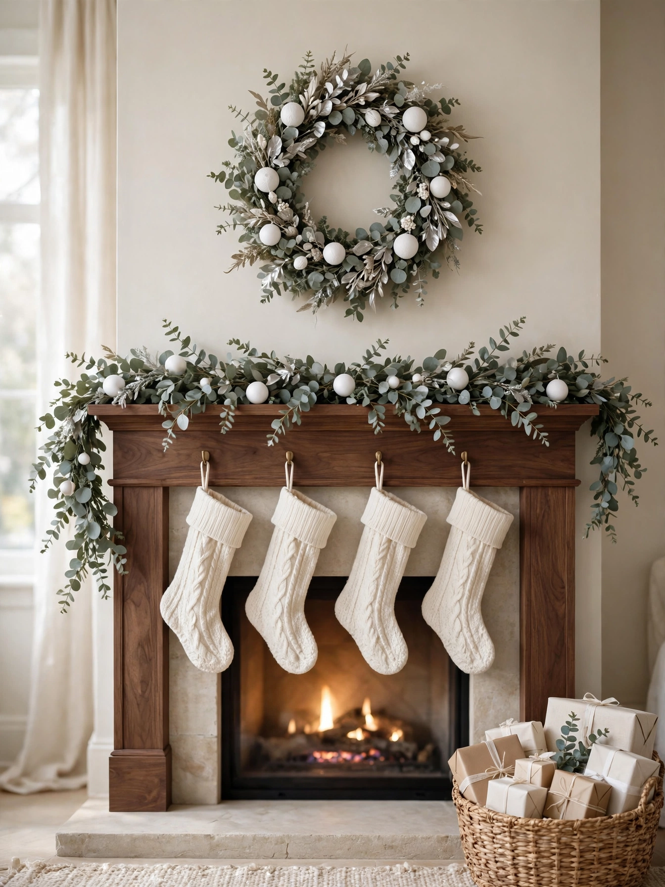 Mantel draped with a eucalyptus garland trail, silver dollar leaves and white ornaments, a soft airy look in mantel christmas decor ideas 2026