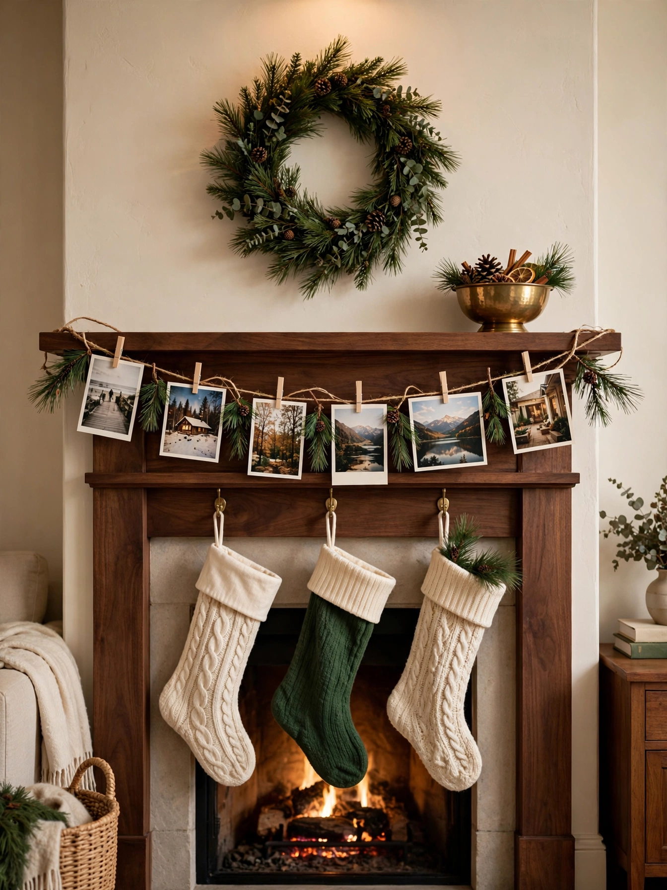 Mantel strung with a garland of family photos clipped with wooden clothespins and pine sprigs, a personal nostalgic display from mantel christmas decor ideas 2026