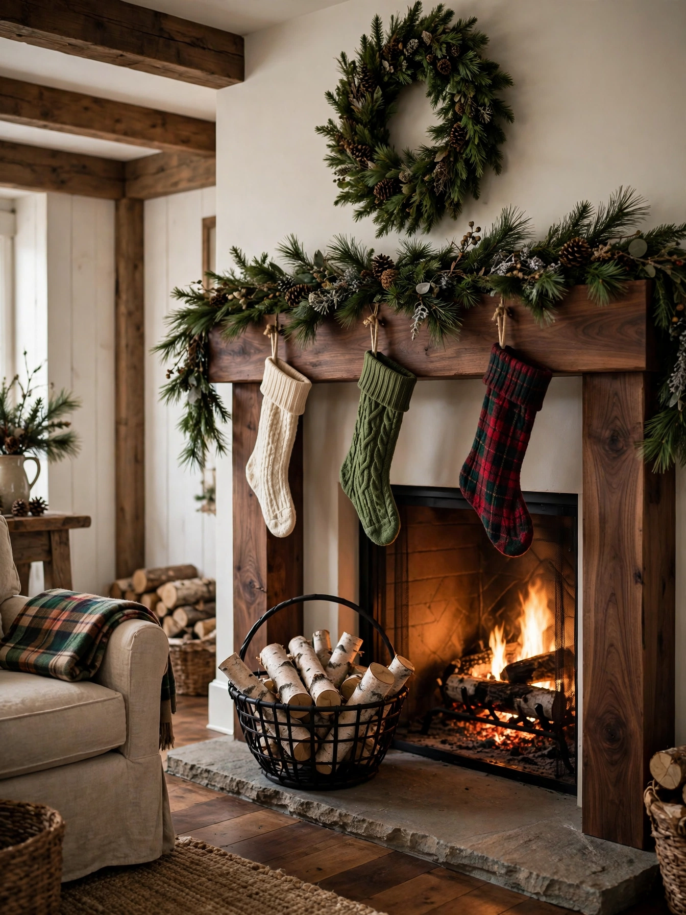 Black iron basket holding birch logs beside a fireplace with a garland on the mantel above, a rustic accent from mantel christmas decor ideas 2026