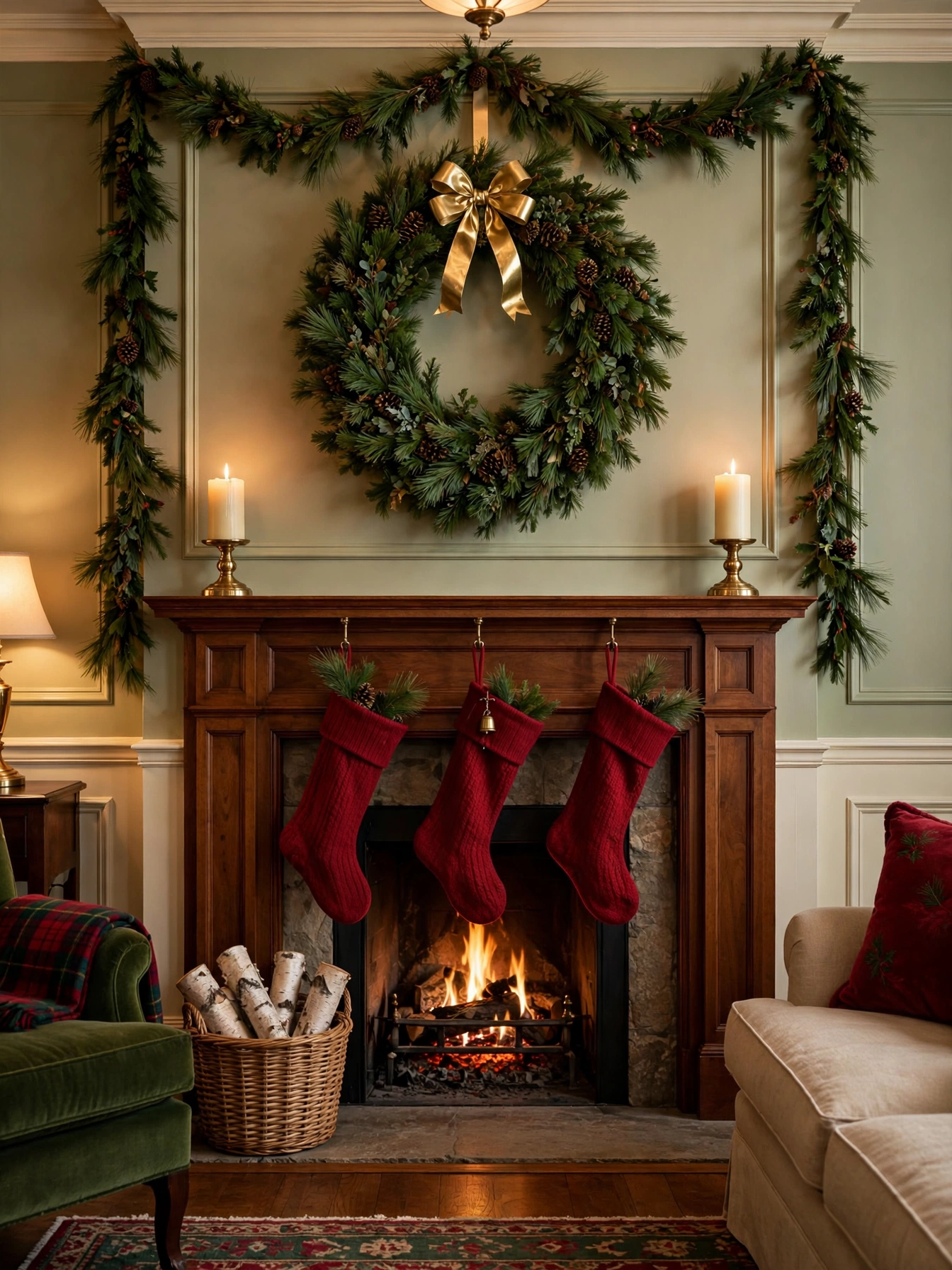 Fireplace mantel with a large pine wreath hung above it, framed by a garland with stockings below, a balanced classic in mantel christmas decor ideas 2026
