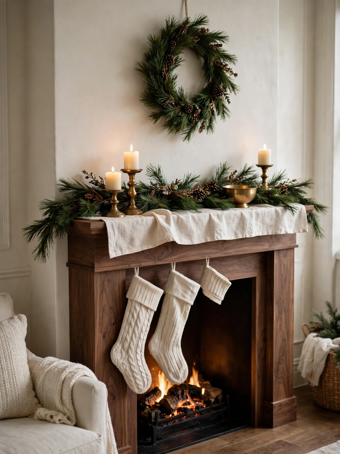 Walnut mantel with a cream linen runner along the shelf, a pine garland on top and brass candle holders, a soft layered look from mantel christmas decor ideas 2026