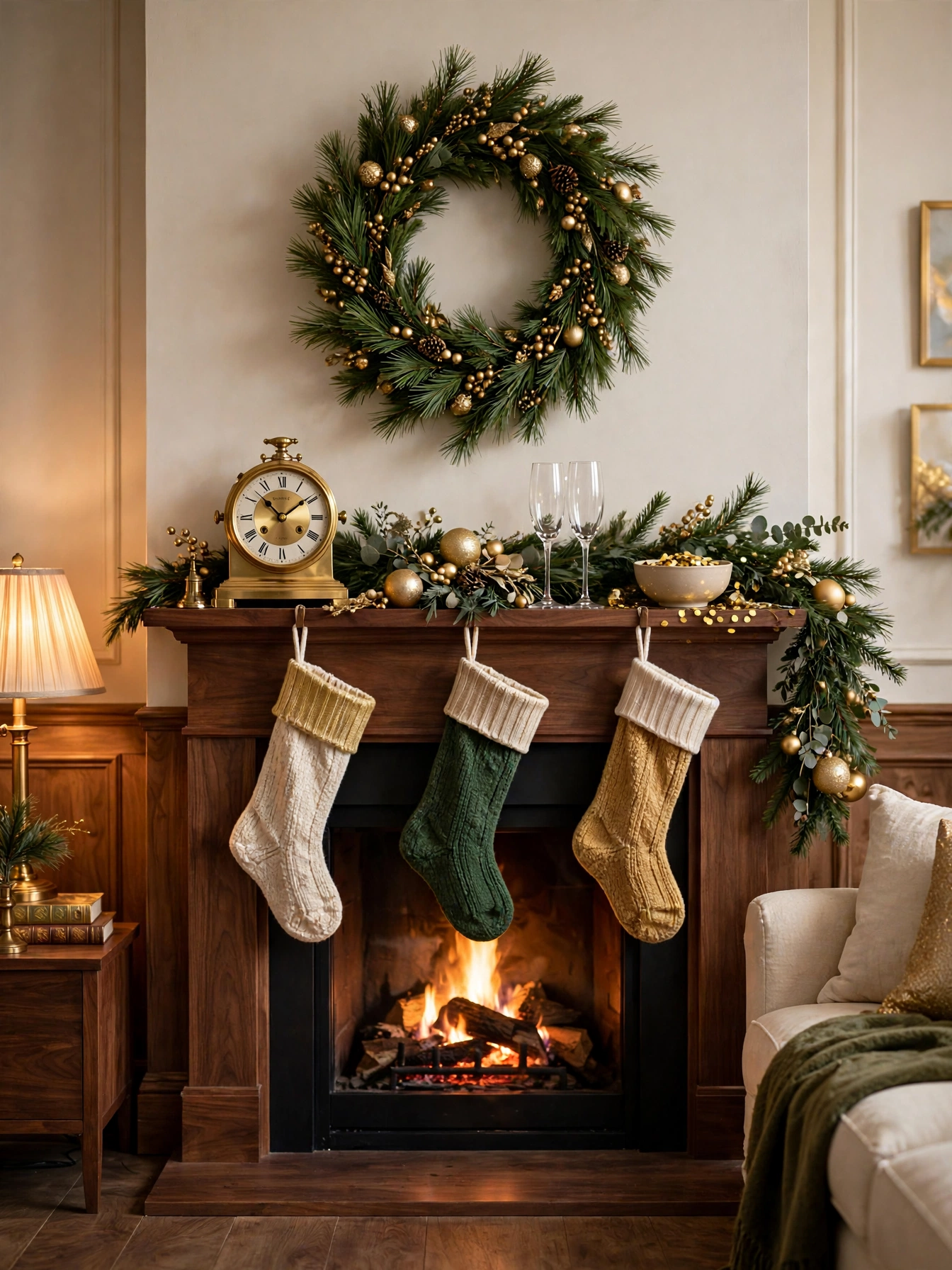 Mantel styled for New Year with a brass clock, gold ornaments, a pine garland and champagne glasses, a celebratory display from mantel christmas decor ideas 2026