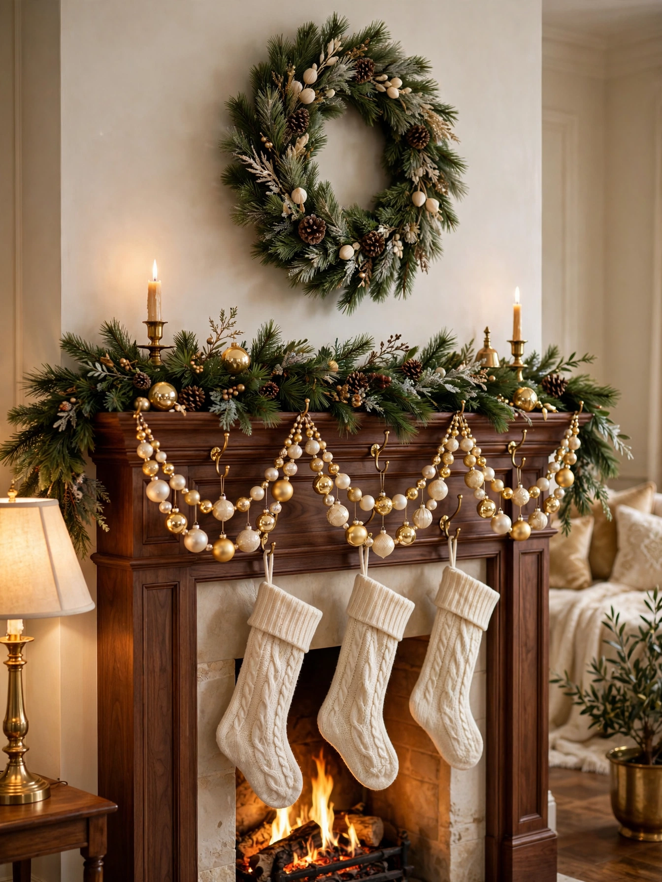 Mantel draped with a strand of gold and cream ornaments hanging in swags over a pine garland, a glamorous sparkling look in mantel christmas decor ideas 2026