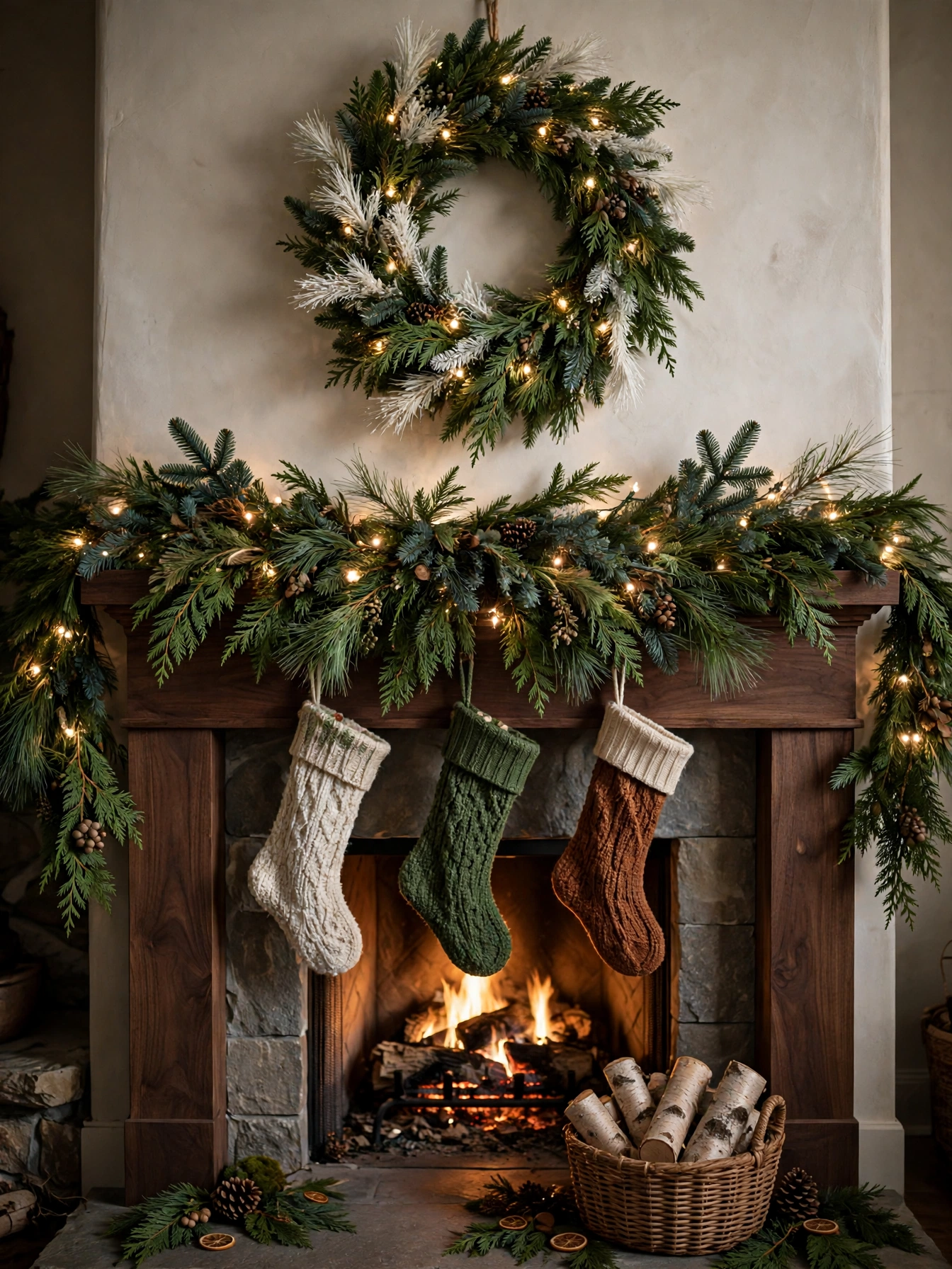 Mantel layered with white pine, spruce and cedar branches in a thick garland with warm lights, a forest-like natural display in mantel christmas decor ideas 2026