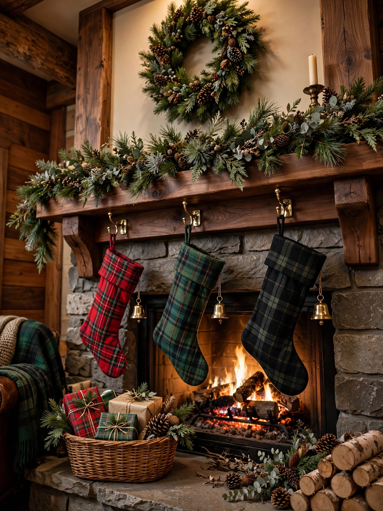 Mantel hung with plaid stockings in red, green and black tartan on brass hooks under a pine garland, a cozy lodge look in mantel christmas decor ideas 2026