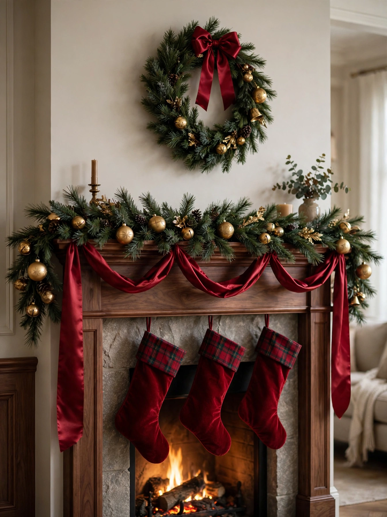 Mantel draped with deep red satin ribbon in loose swags over a pine garland with brass ornaments, a glossy elegant look in mantel christmas decor ideas 2026