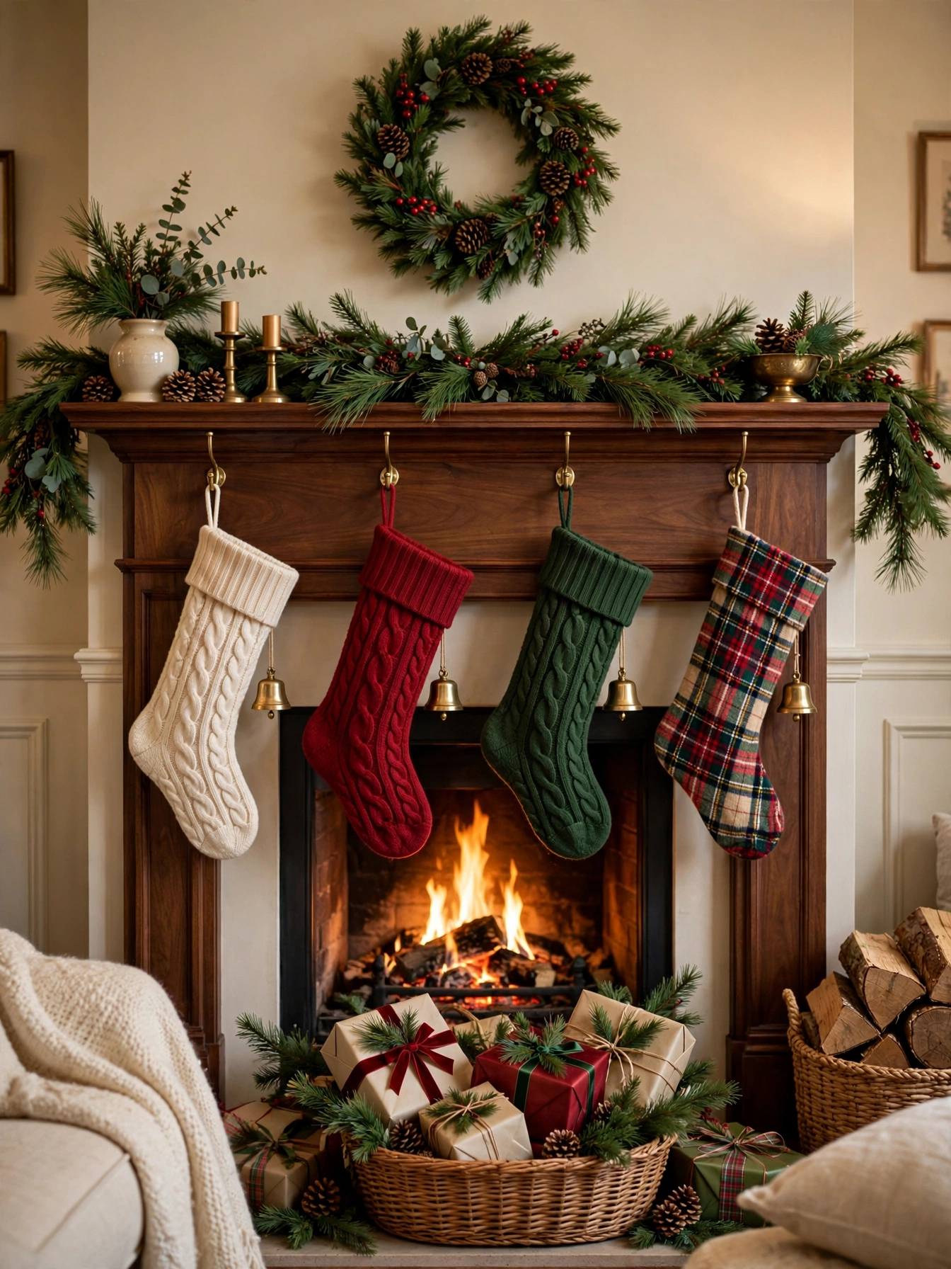 Four knit stockings in cream, red, green and plaid hanging from brass hooks on a walnut mantel, a cheerful lineup in mantel christmas decor ideas 2026
