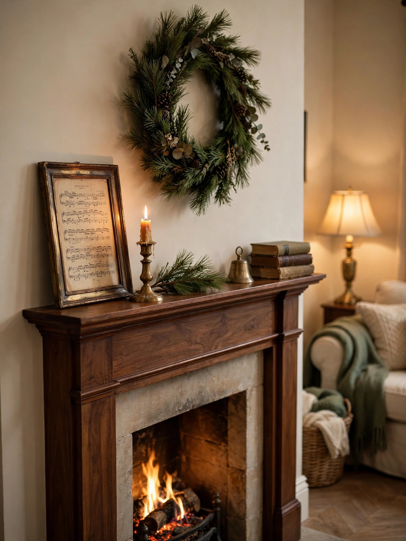 Mantel styled with framed vintage carol sheet music, a brass candle and a pine sprig, a nostalgic display from mantel christmas decor ideas 2026