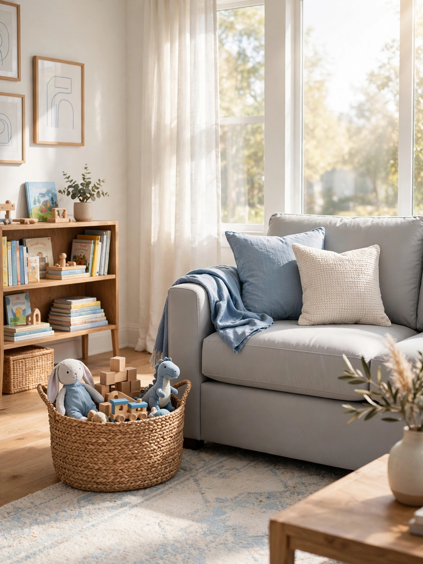 Cobalt blue sofa with colorful cushions, playful modern sofa living room ideas for creative homes