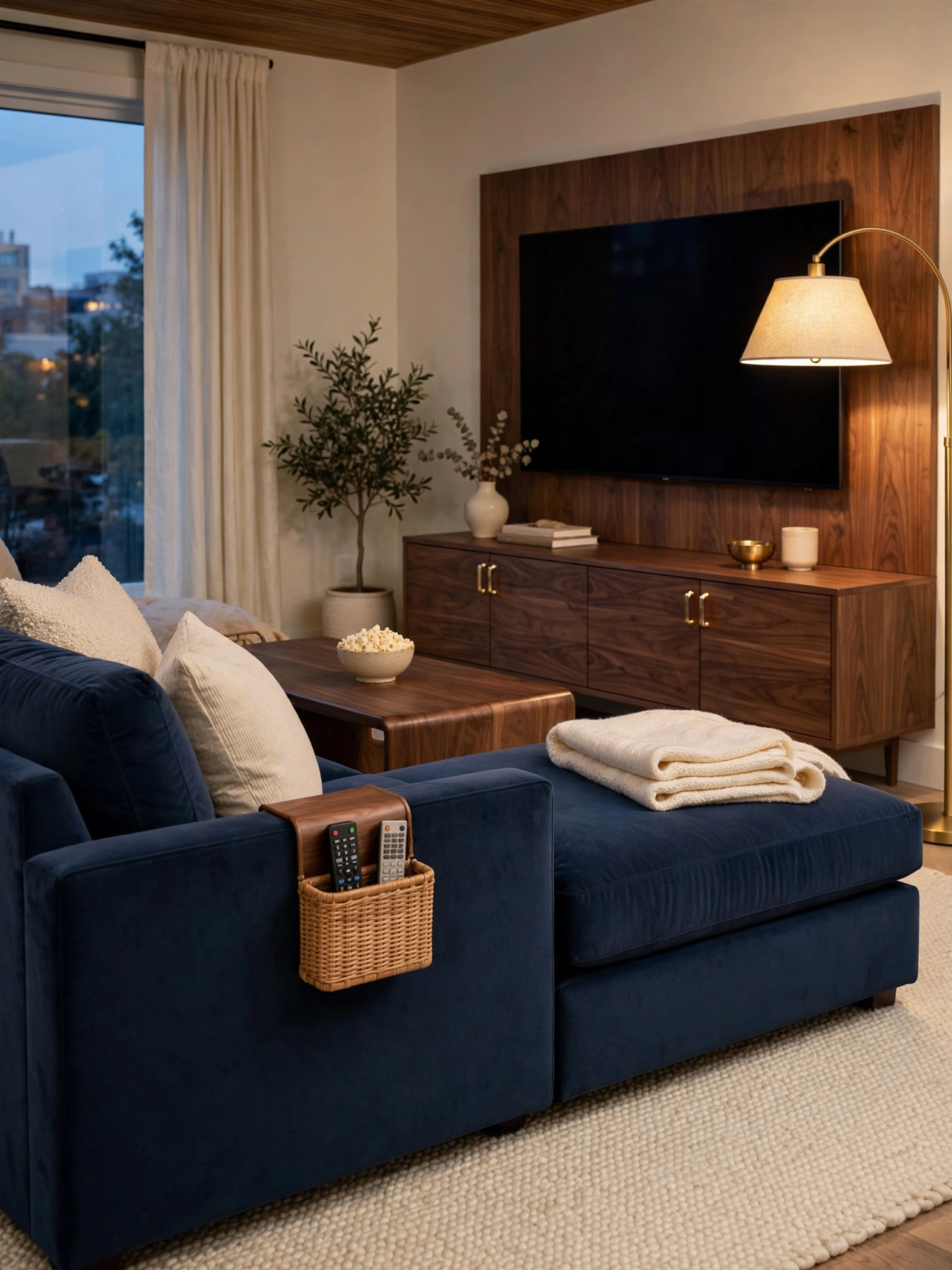 Mustard yellow sofa in a sunlit white room, cheerful modern sofa living room ideas with scale tips