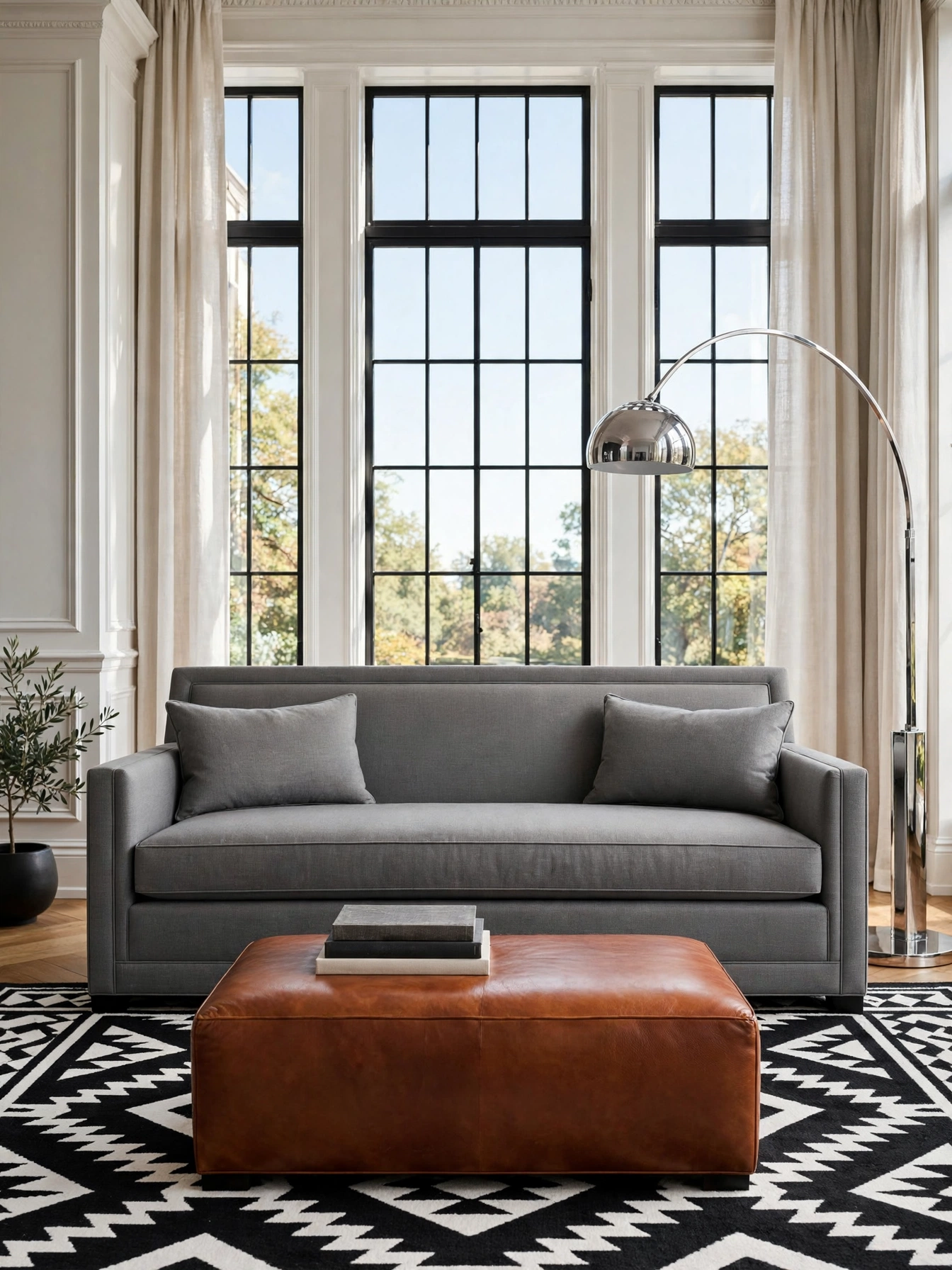 Navy chaise-end sofa with walnut console, cozy modern sofa living room ideas for TV rooms
