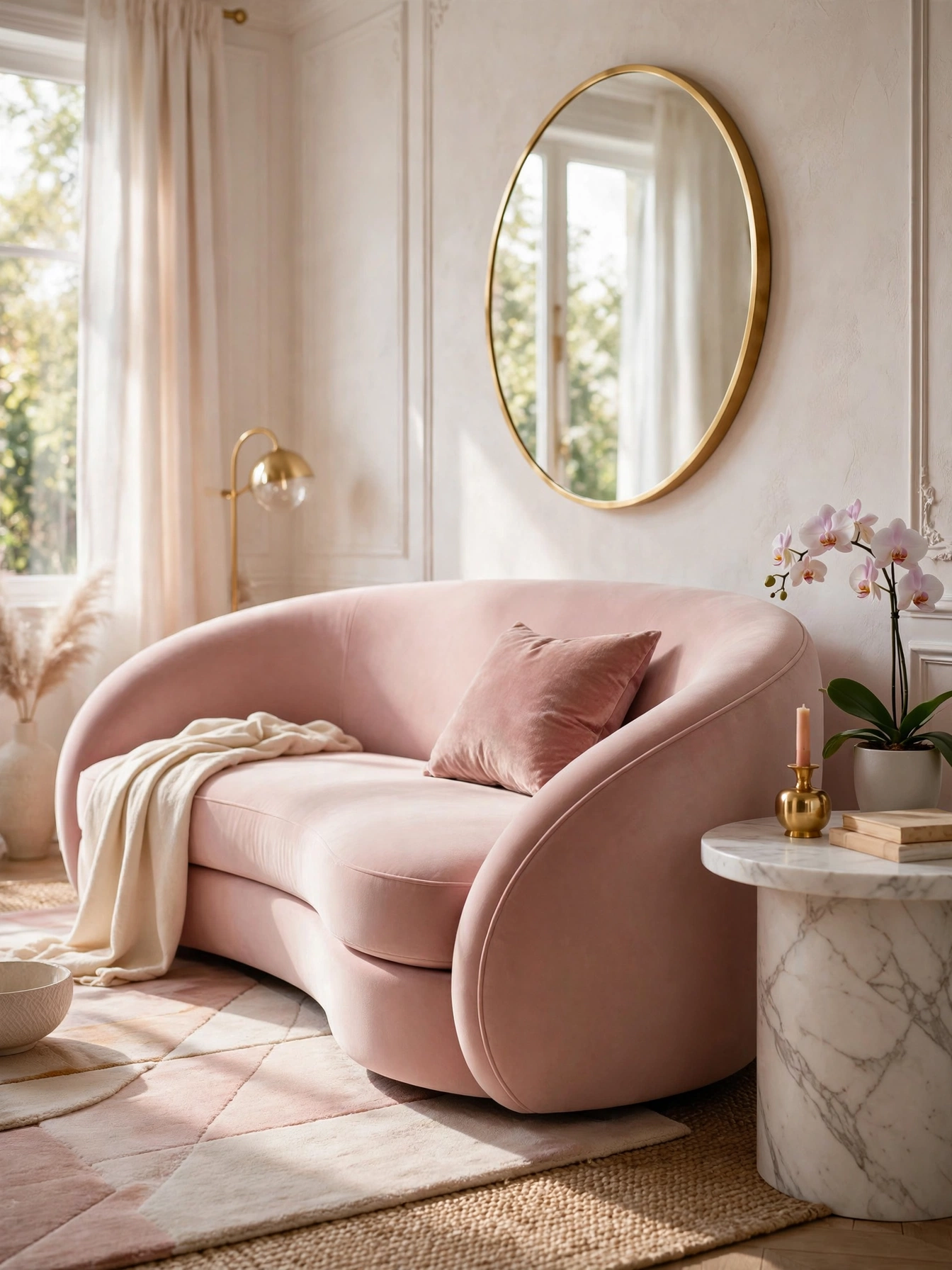Forest green channel-tufted sofa with brass table, glamorous modern sofa living room ideas
