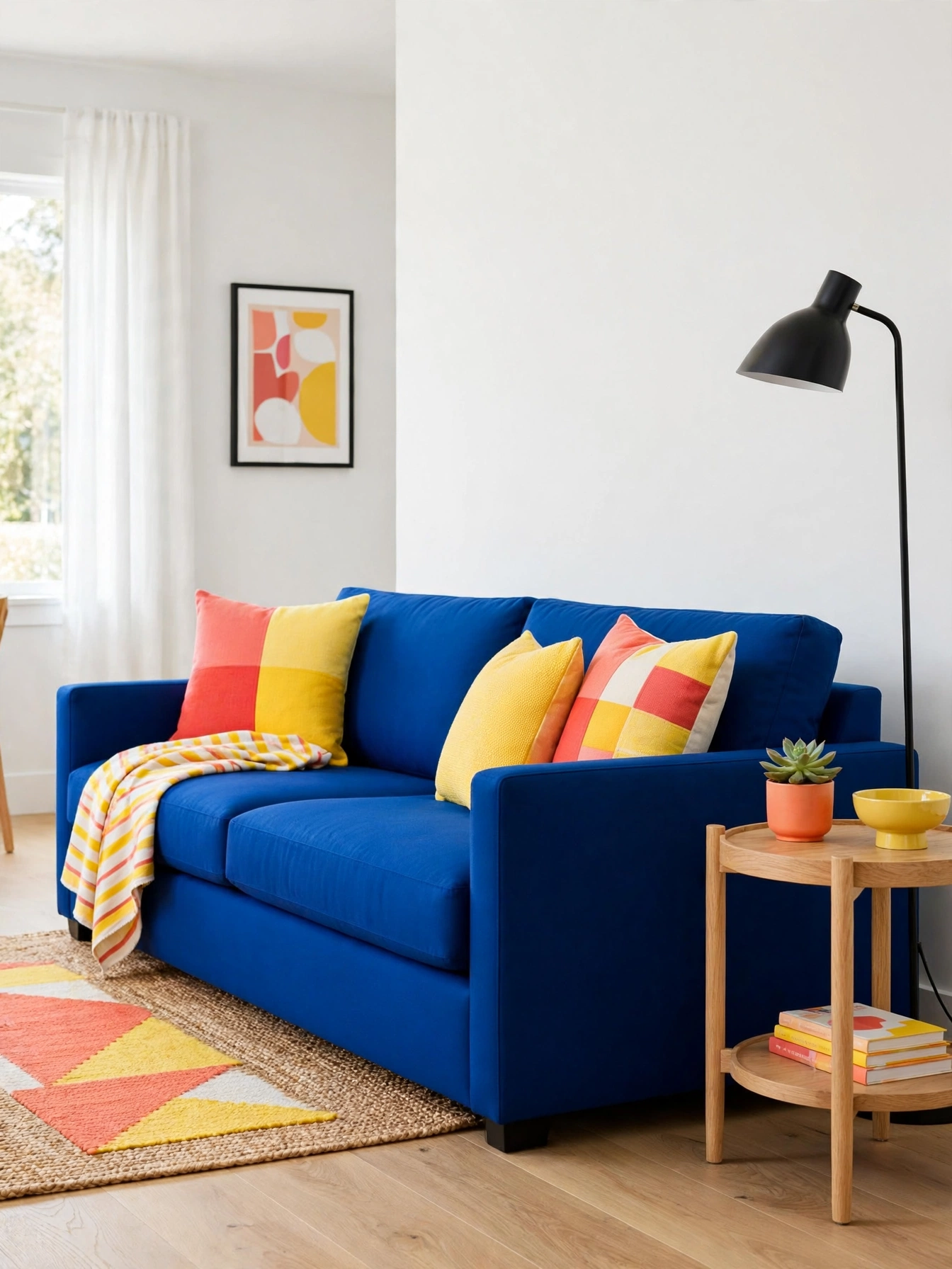Sofa floated mid-room with console behind, spacious modern sofa living room ideas for open plans