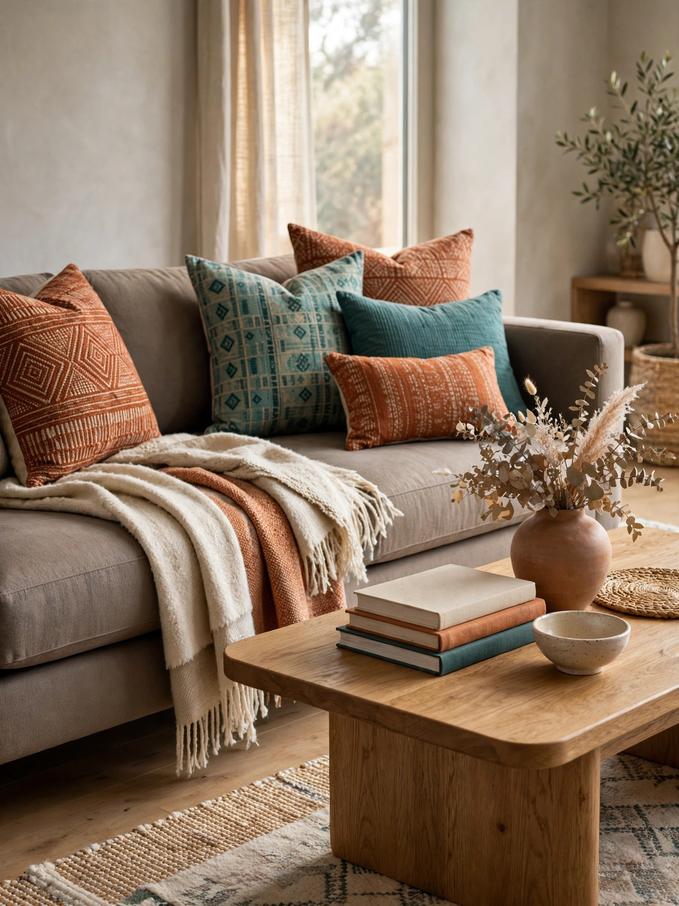 Two sage loveseats facing across a round table, sociable modern sofa living room ideas