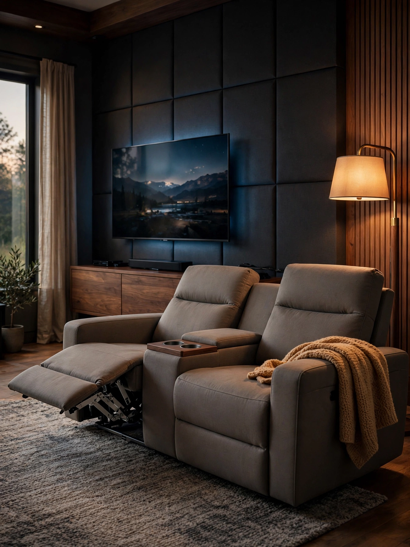 Warm gray reclining sofa in a media room, cinematic modern sofa living room ideas