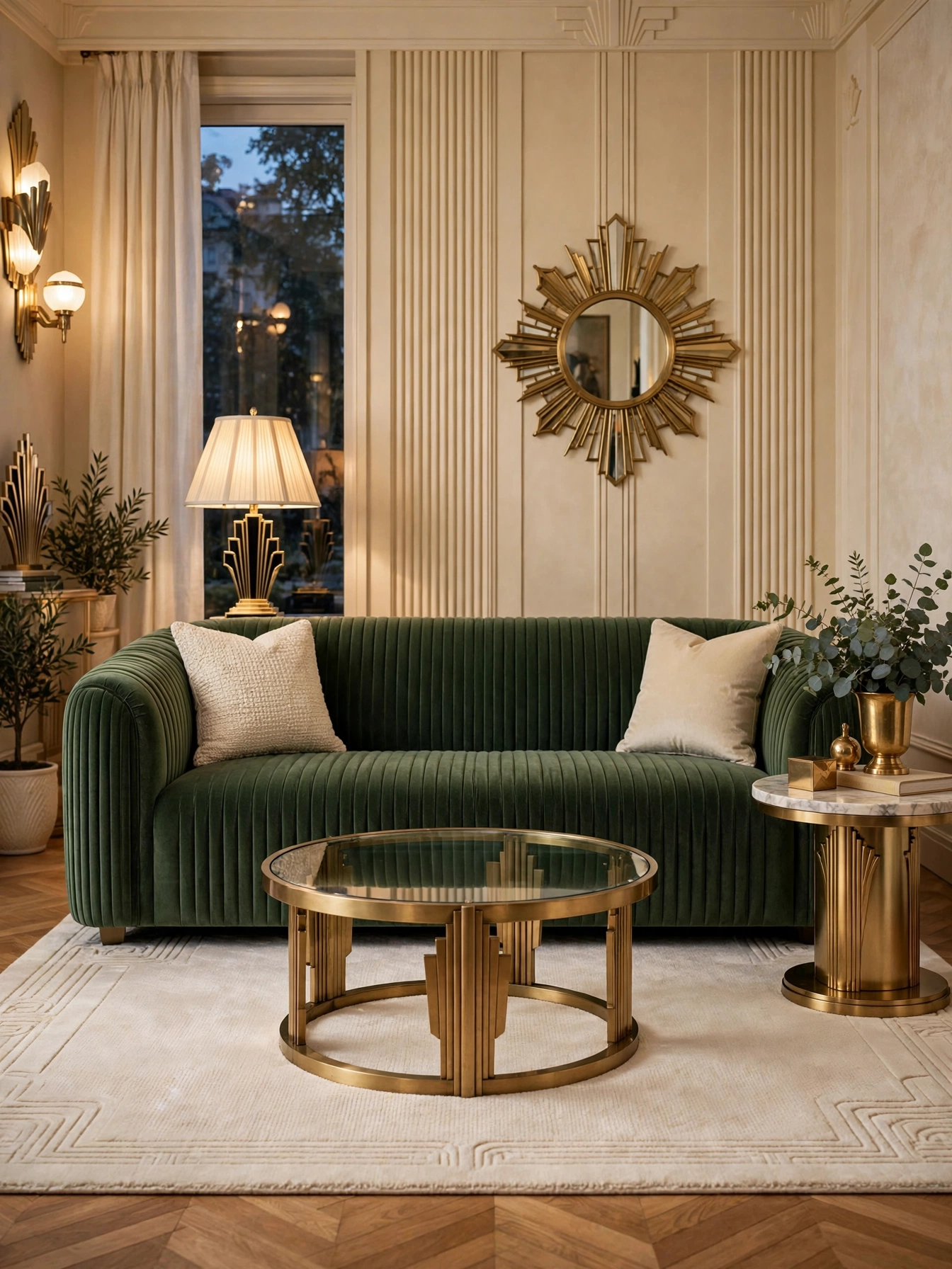 Blush rounded-back sofa with round mirror, romantic modern sofa living room ideas