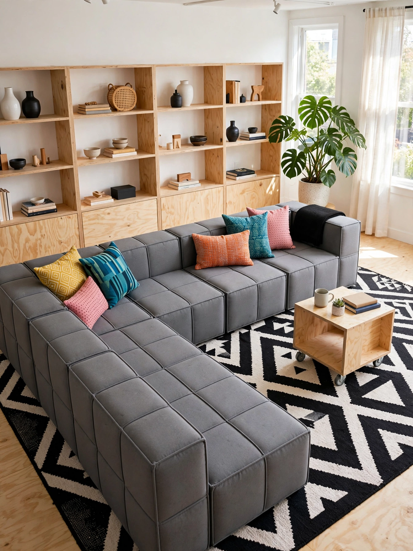 Gray tuxedo-arm sofa with chrome lamp, tailored modern sofa living room ideas for small spaces