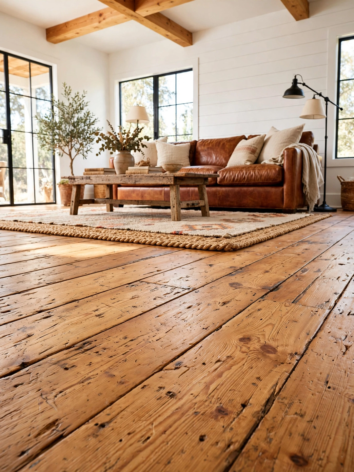 Wide plank distressed pine floors leading to a leather sofa in a bright modern western living room ideas room