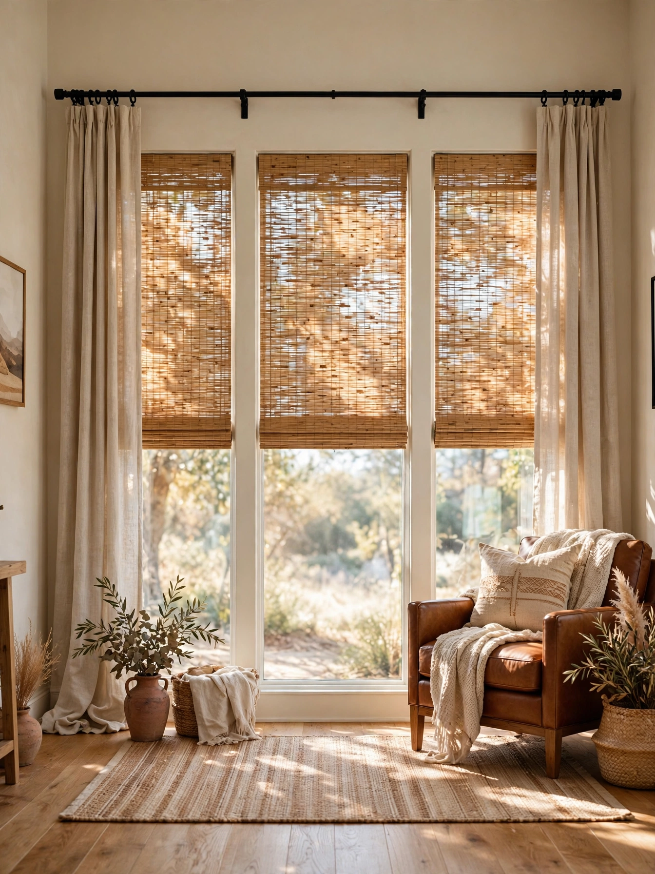 Tall windows with oatmeal linen drapes and woven wood shades in a modern western living room ideas room