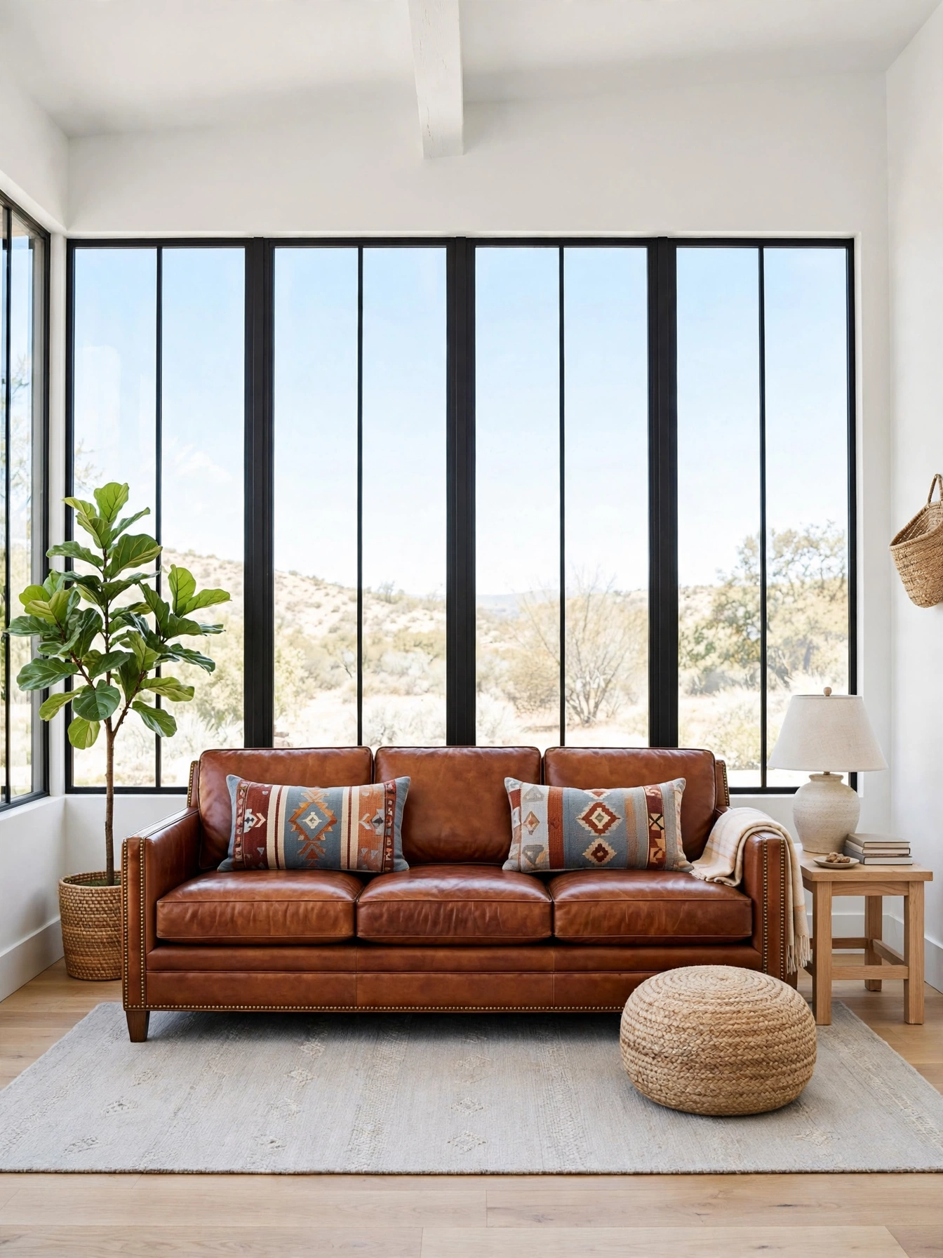 Cognac leather sofa with brass nailhead trim in a bright modern western living room ideas setting with kilim pillows