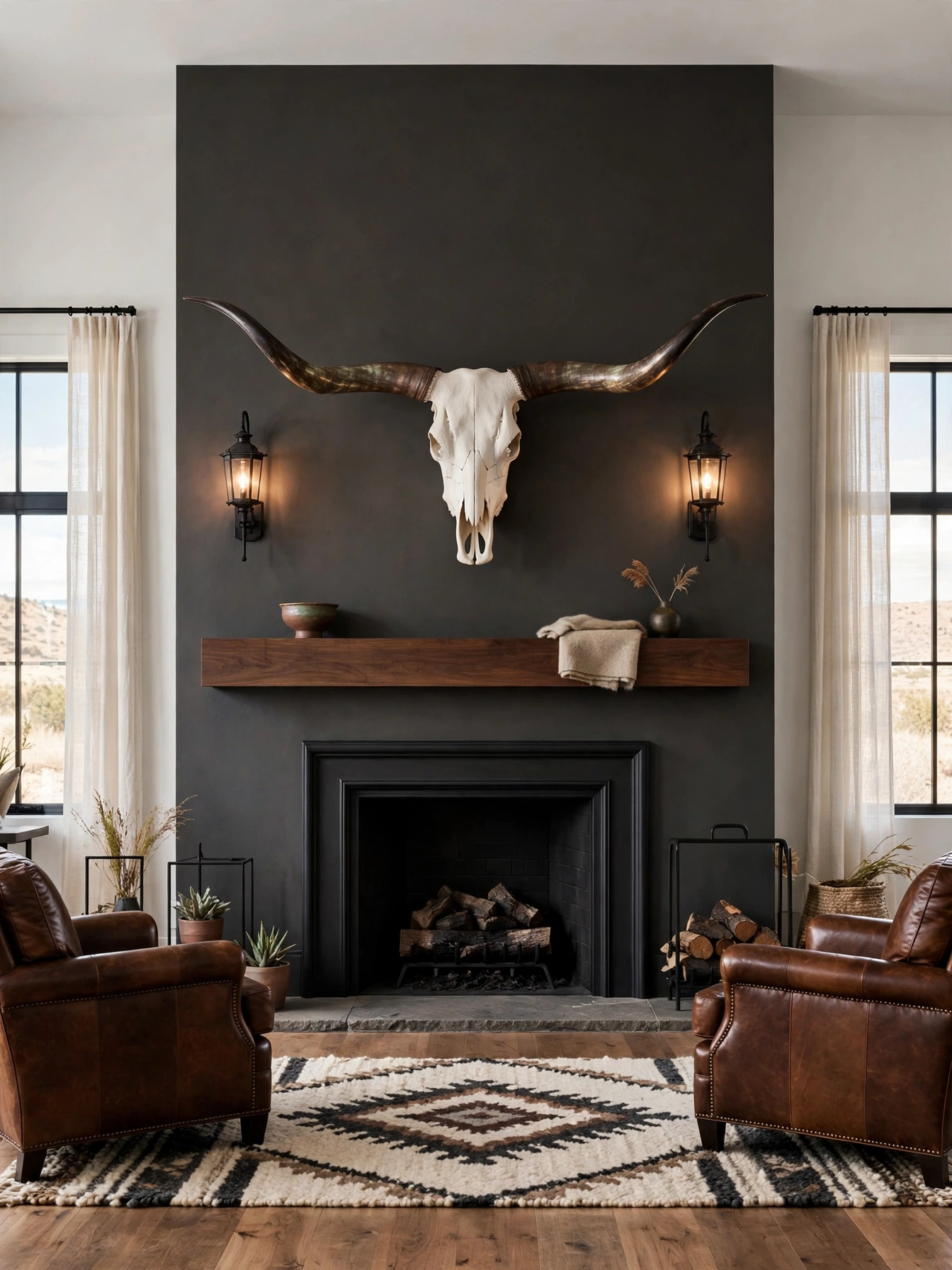 Longhorn skull mount centered above a walnut mantel with iron sconces in a modern western living room ideas room