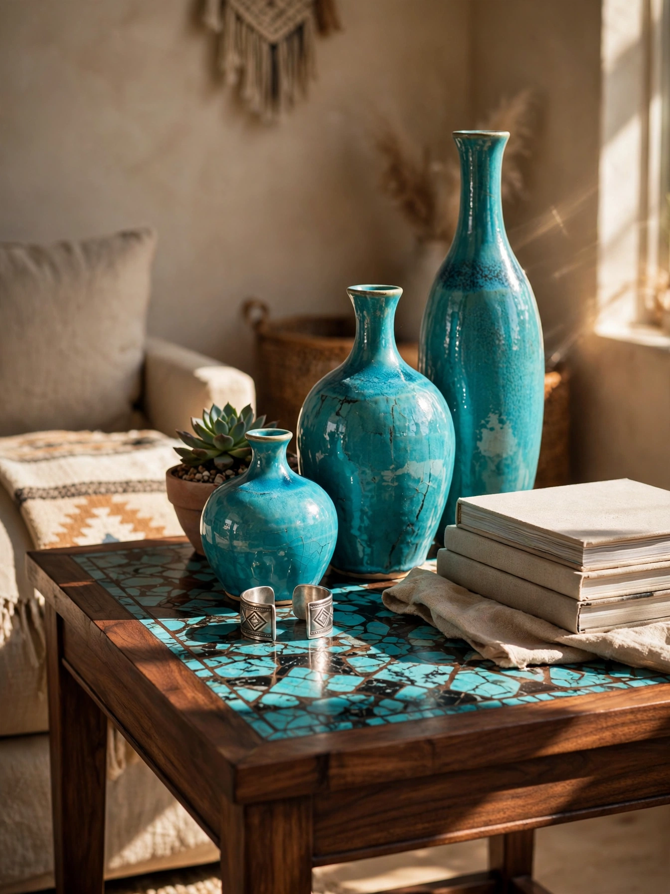 Turquoise ceramic vases and inlay side table styled in a neutral modern western living room ideas corner