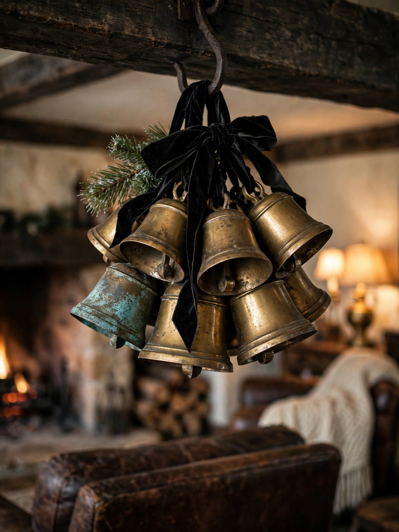 Cluster of antique brass sleigh bells tied with black velvet ribbon hanging from a dark beam, a nostalgic moody christmas decor ideas 2026 detail