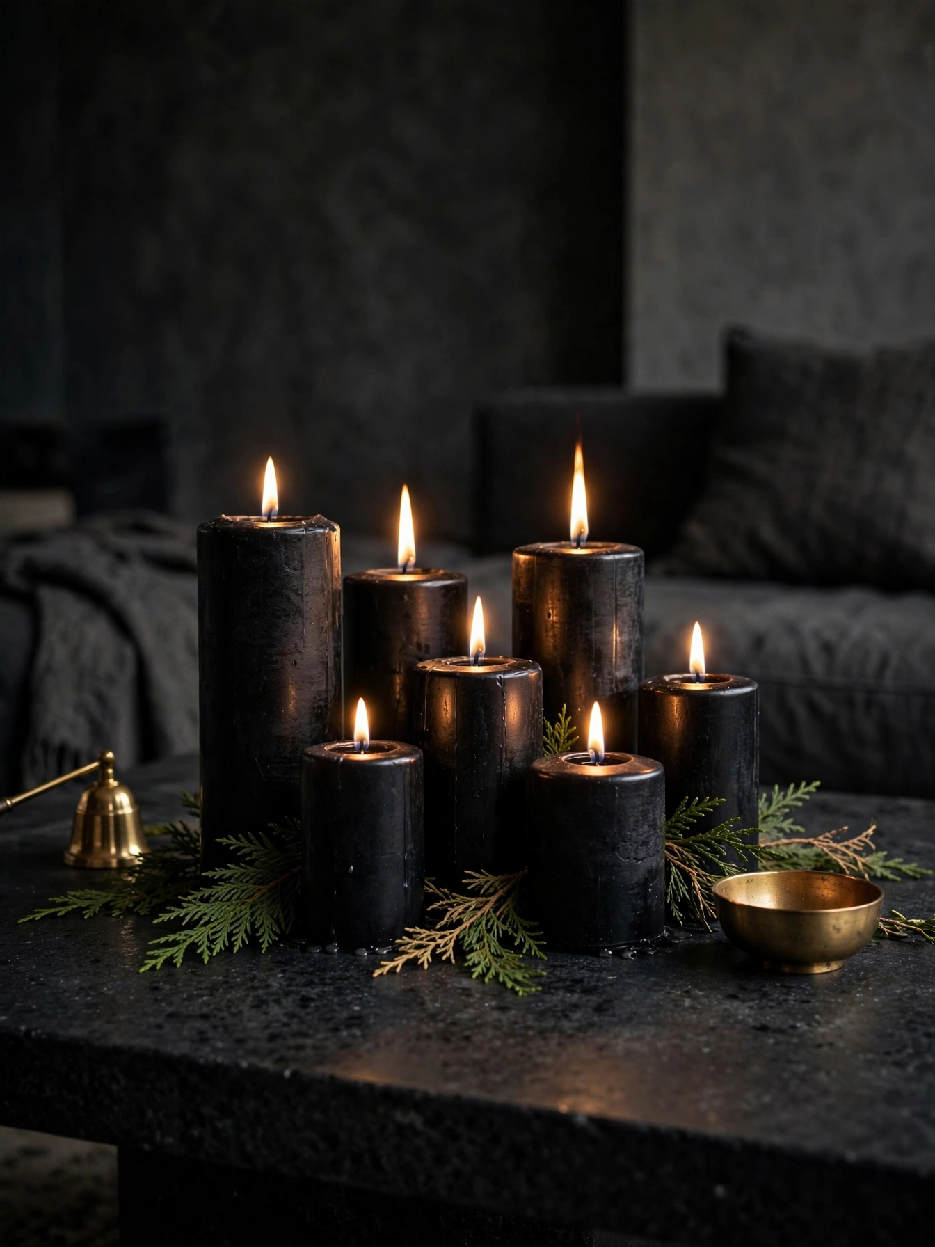 Cluster of black pillar candles of varied heights on a dark stone table with cedar sprigs, a calm moody christmas decor ideas 2026 tabletop
