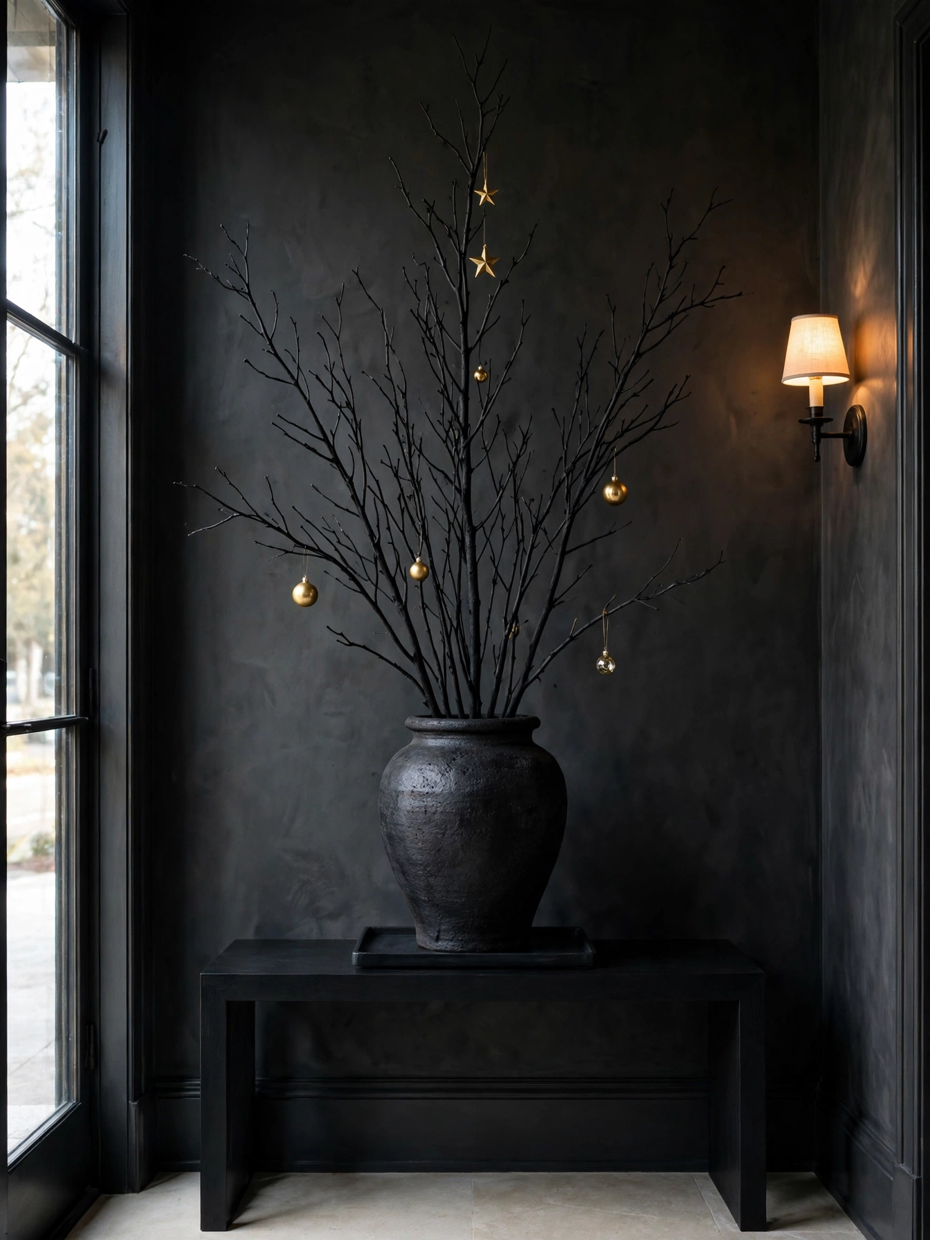 Tall blackened branches in a heavy black ceramic vase with small gold ornaments, a sculptural moody christmas decor ideas 2026 entryway piece