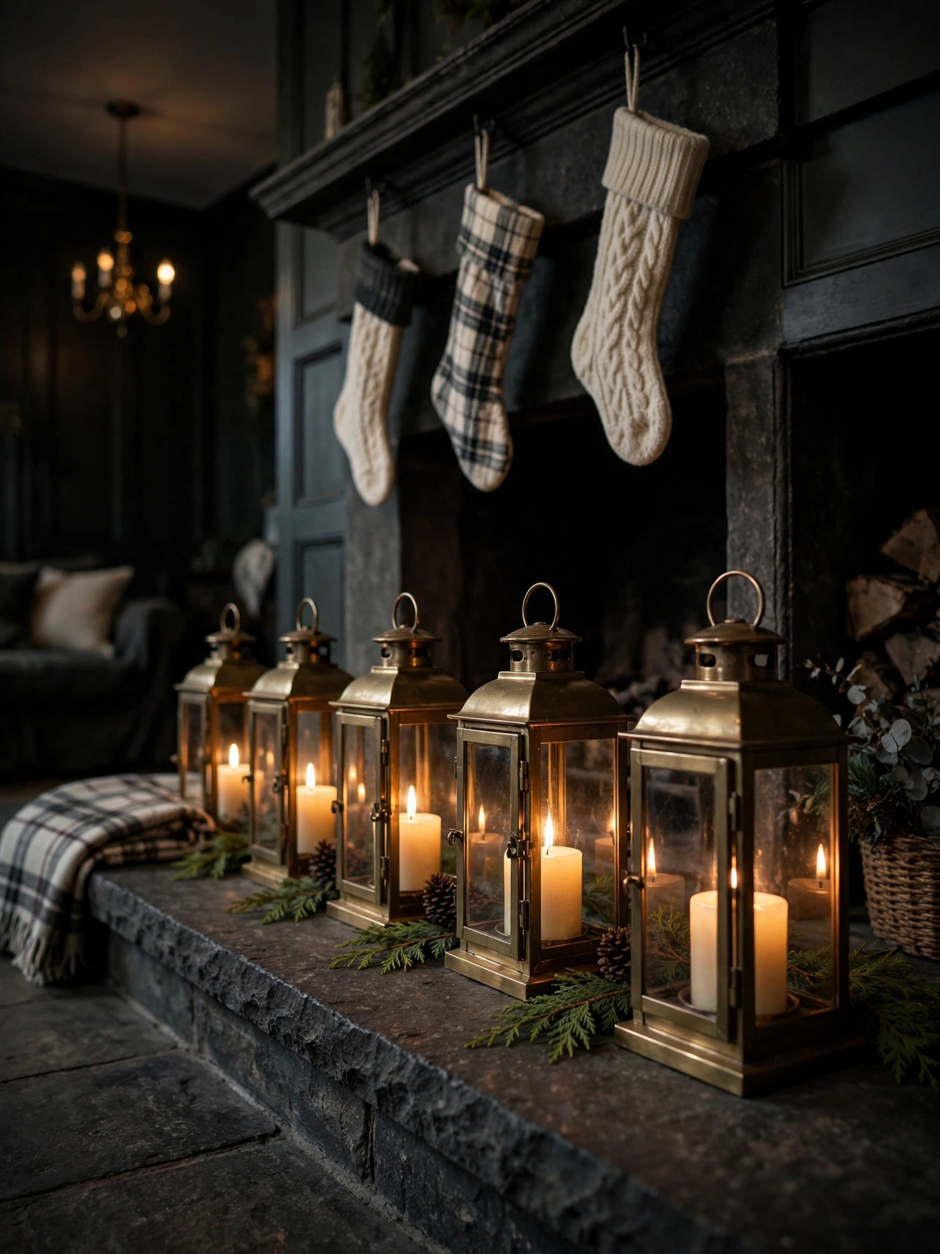 Row of brass lanterns with pillar candles along a dark stone fireplace hearth, a warm moody christmas decor ideas 2026 hearth look