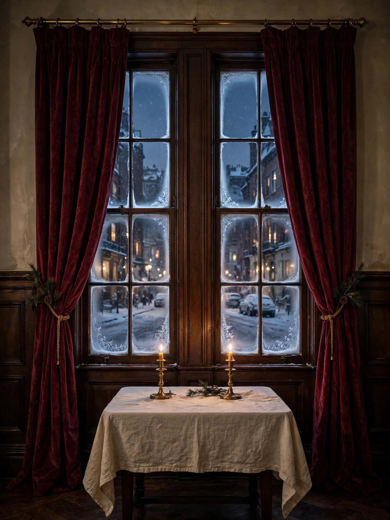 Tall windows dressed in heavy burgundy velvet curtains with snow outside, a rich moody christmas decor ideas 2026 window treatment