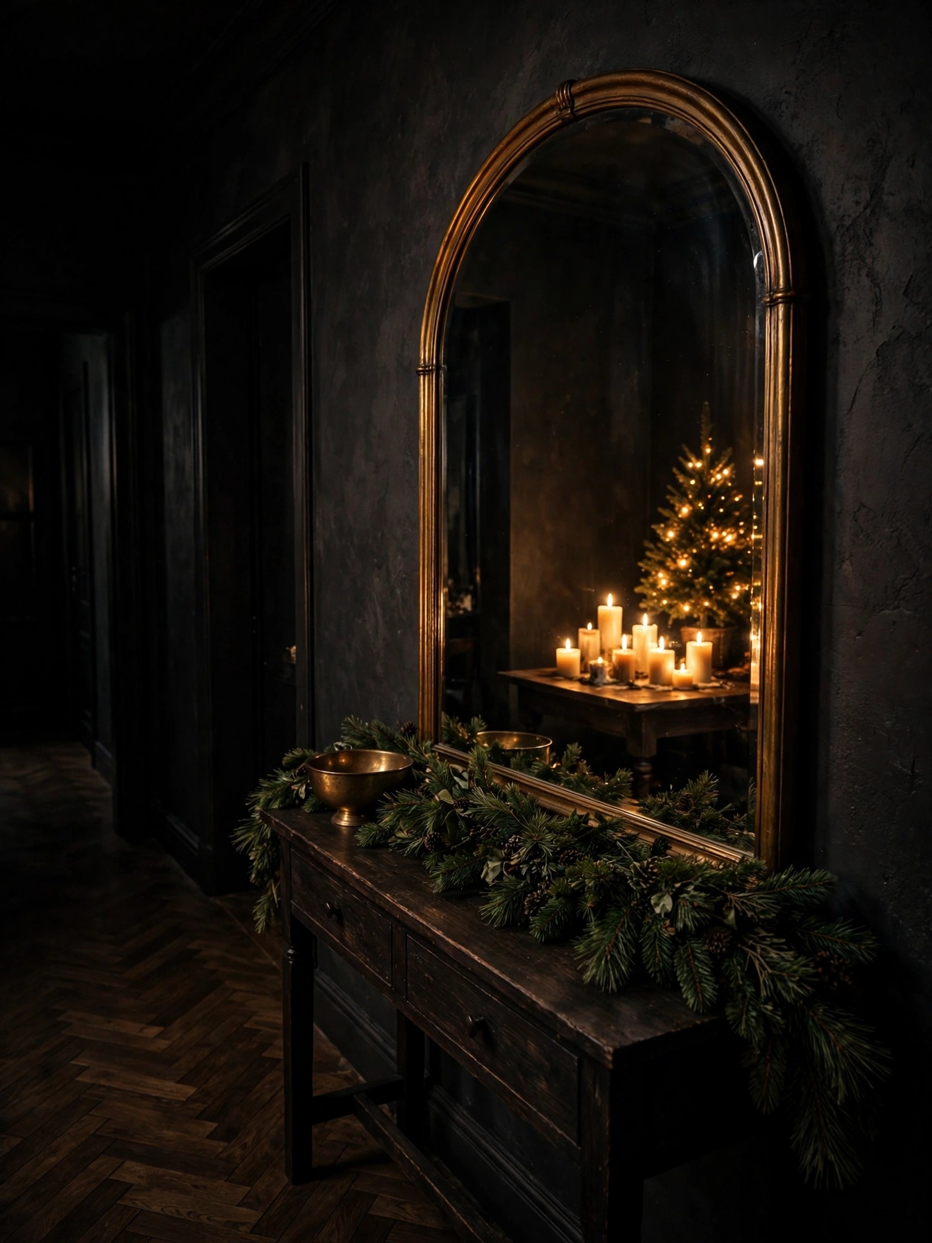 Arched brass mirror reflecting lit candles and a small Christmas tree in a dark hallway, a glowing moody christmas decor ideas 2026 hallway accent