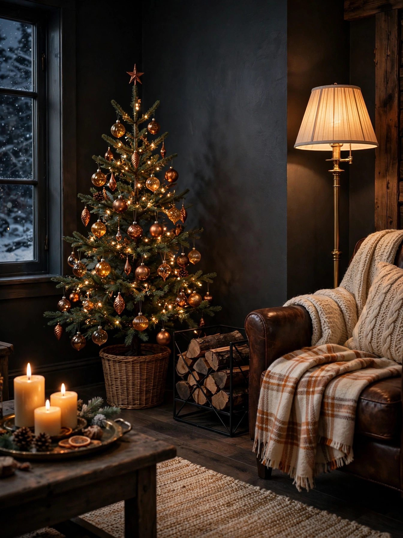 Small Christmas tree with amber and copper ornaments against a deep charcoal wall with candlelight, a moody christmas decor ideas 2026 vignette