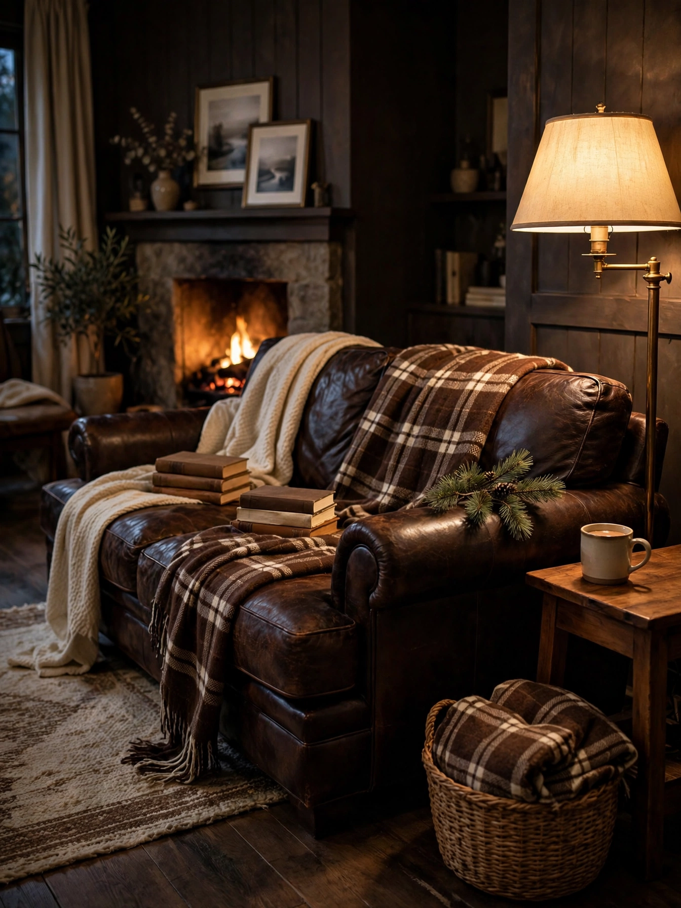 Dark leather sofa layered with chocolate and cream plaid wool throws, a cozy moody christmas decor ideas 2026 seating layer