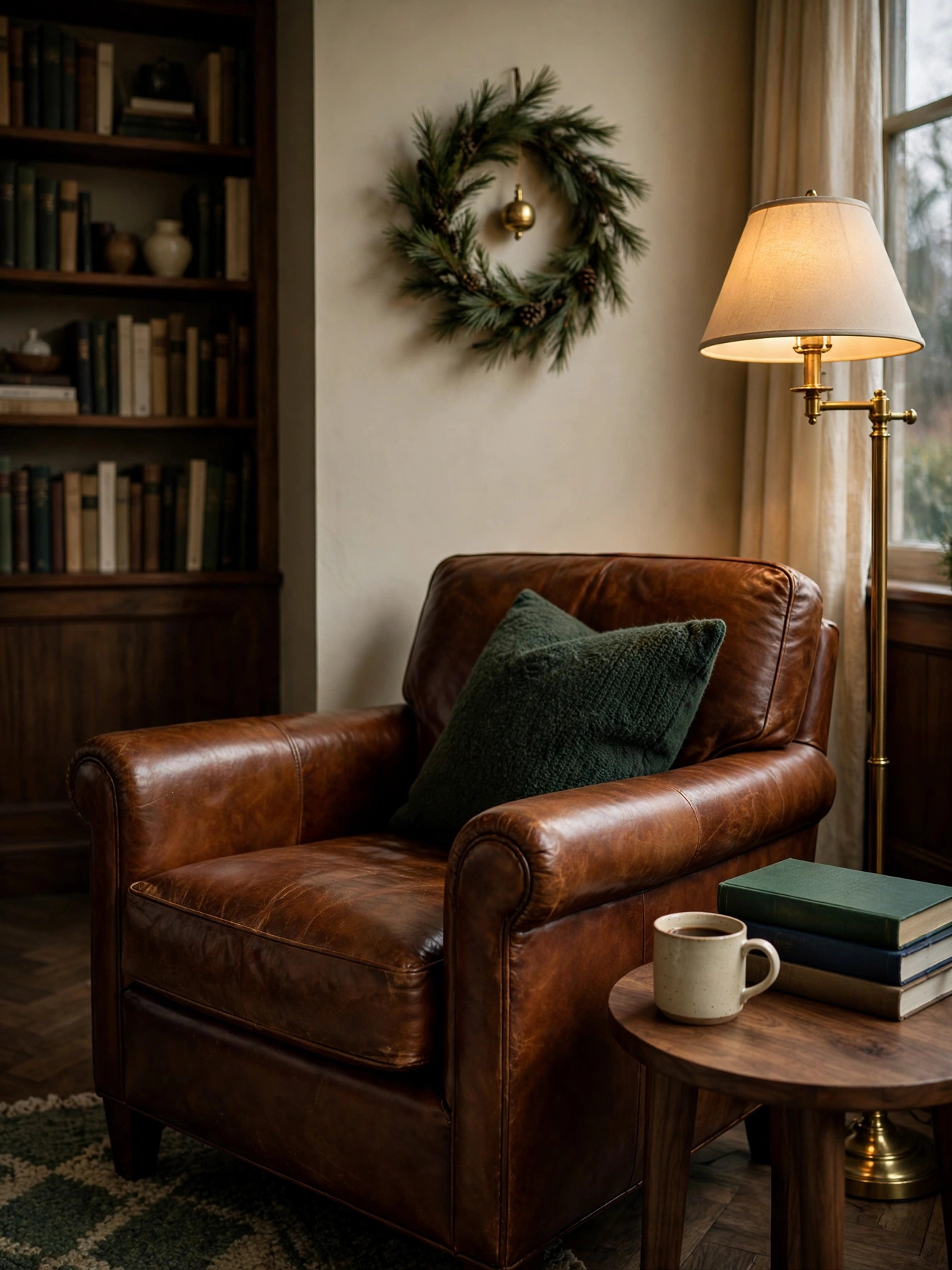 Cognac leather armchair with a dark green pillow, pine wreath, and brass lamp, a warm moody christmas decor ideas 2026 reading nook
