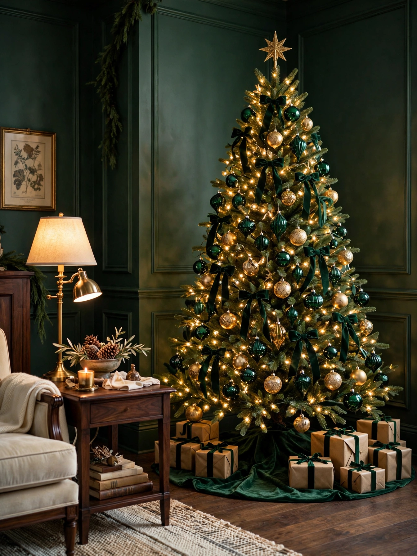 Seven foot Christmas tree with deep emerald and gold ornaments in a dark green corner, a layered moody christmas decor ideas 2026 focal point