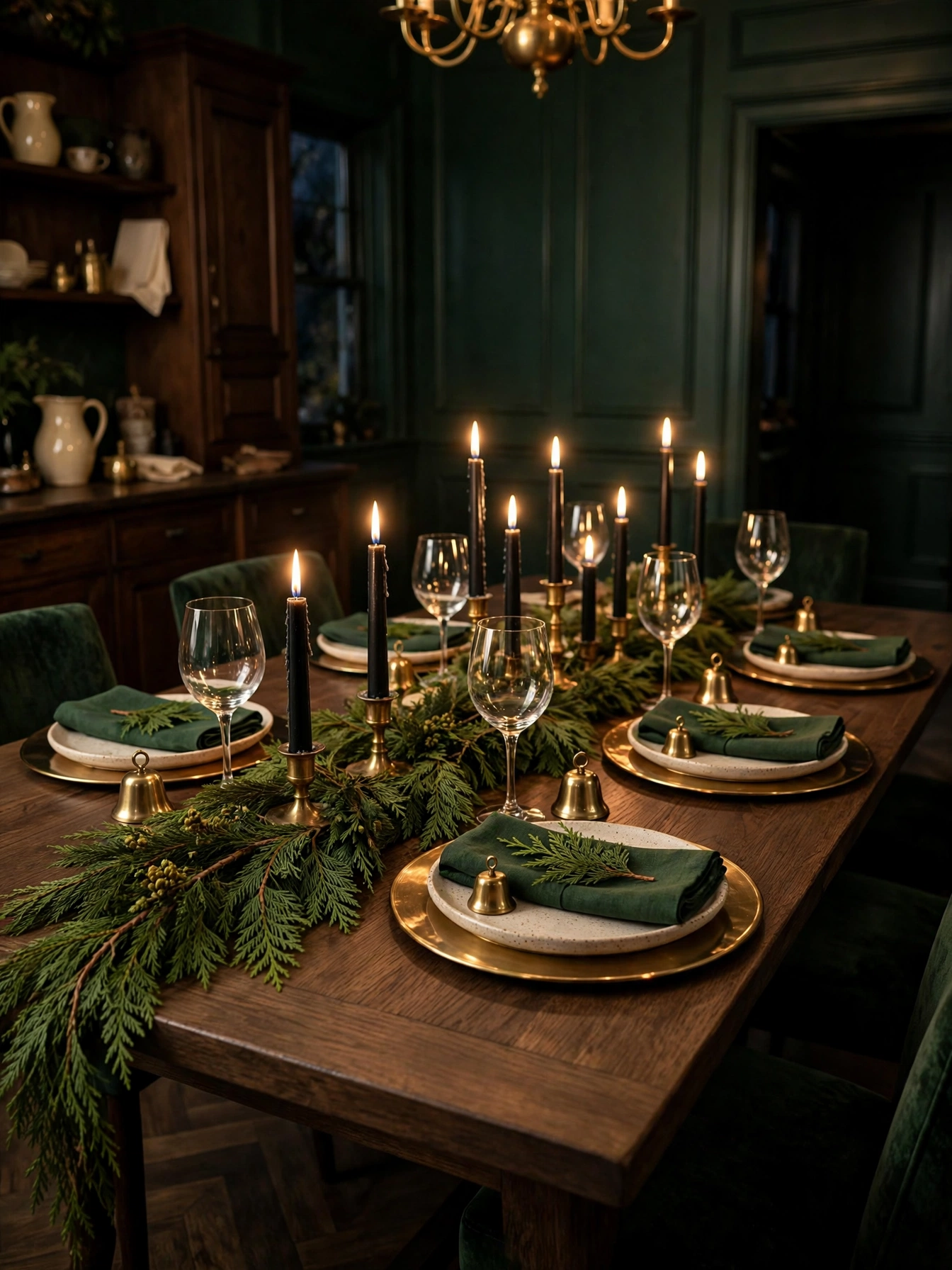 Dining table with forest green linen napkins, brass chargers, and a cedar runner with black taper candles, an elegant moody christmas decor ideas 2026 tablescape